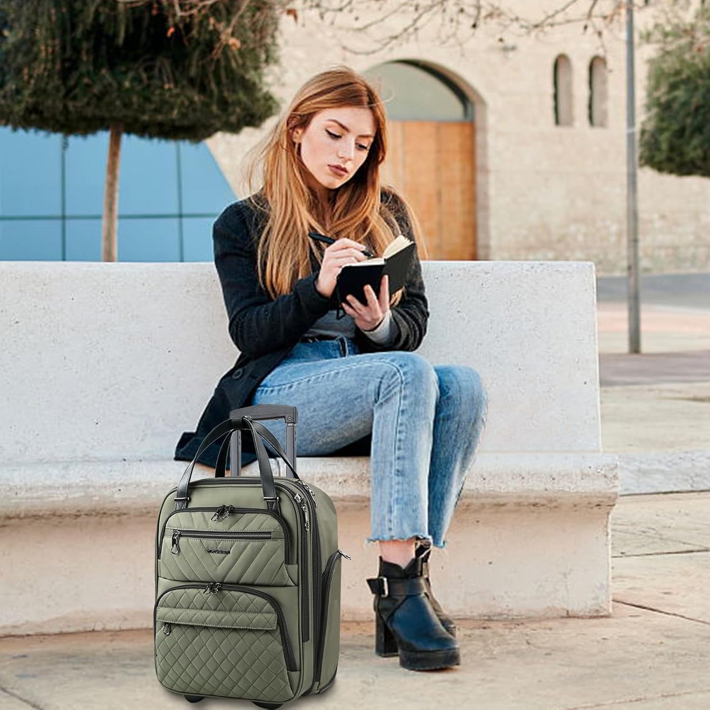 KROSER Carry On Underseat Multi-functional, 16-inch Underseater Lightweight Overnight Suitcase for Women, Olive