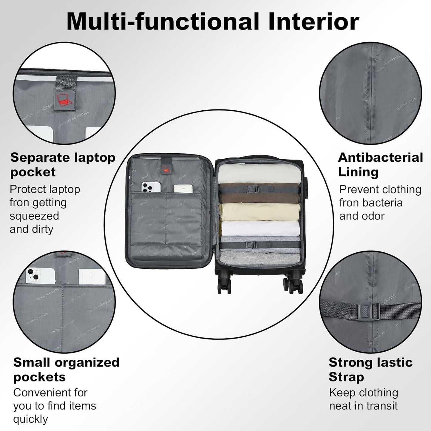 Kono 20 Inch Soft-Sided Carry-On Luggage Airline Approved 20" Spinner Wheels Lightweight Waterproof Suitcase with TSA Lock for Business Travel (Small, Black)