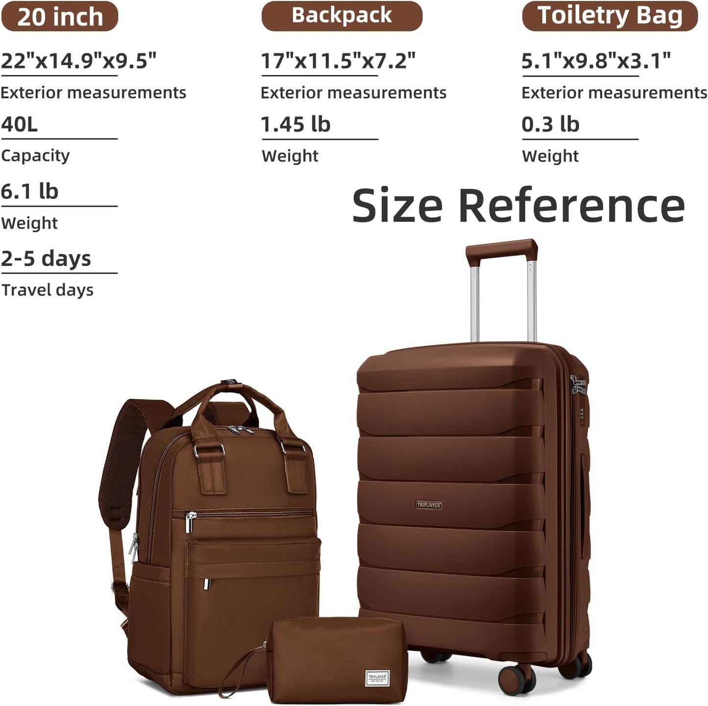 Carry On Luggage 22x14x9 Airline Approved, 22 Inch PP Hardshell Luggage Carry-on Suitcase with Spinner Wheels, Carry On Suitcase Set for Women(Mocha