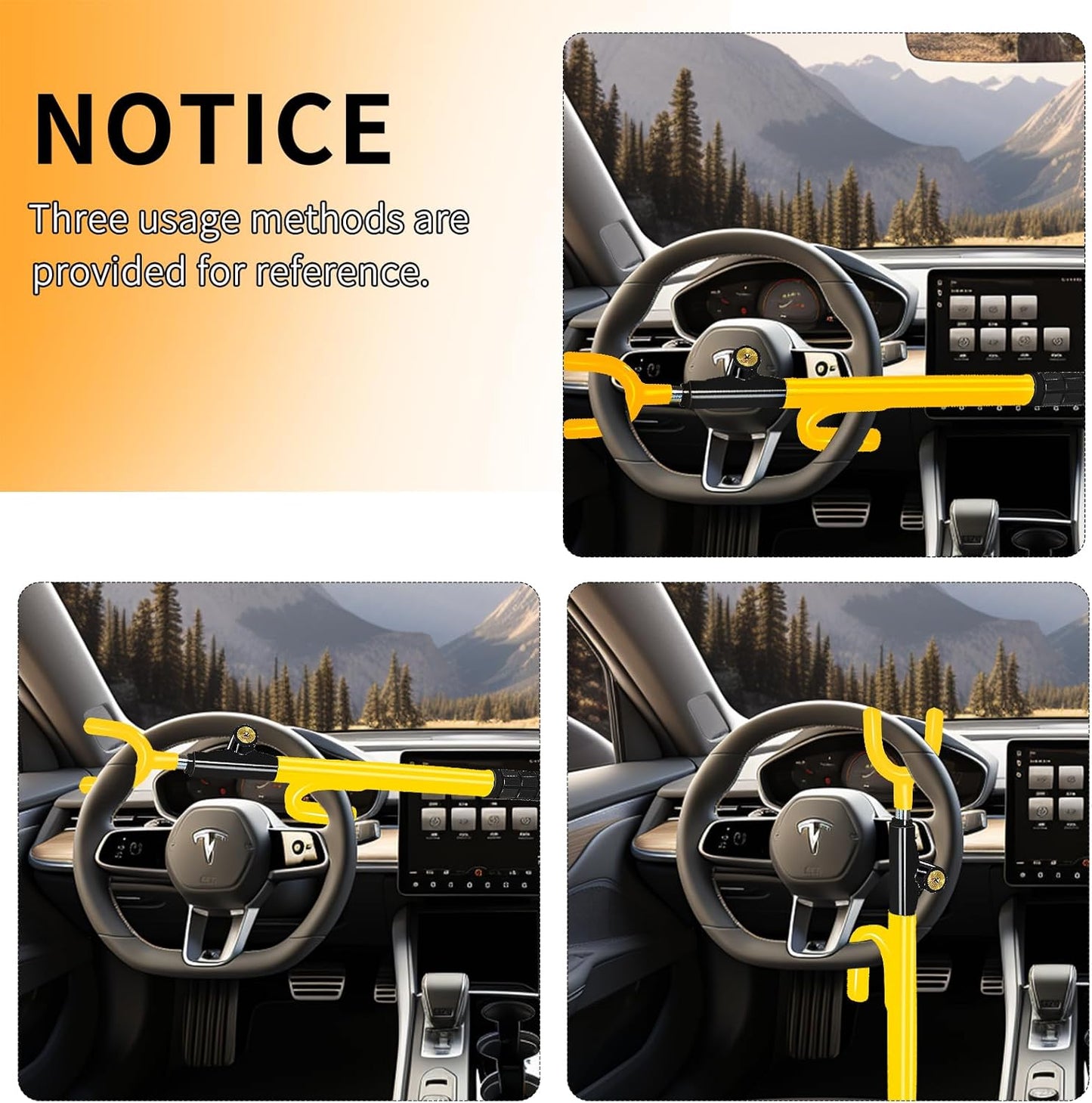 Steering Wheel Lock,Heavy Duty Anti-Theft Car Device,Adjustable Length Locking with 3 Keys Universal Fit for Cars Trucks Vans and SUVs (Yellow)