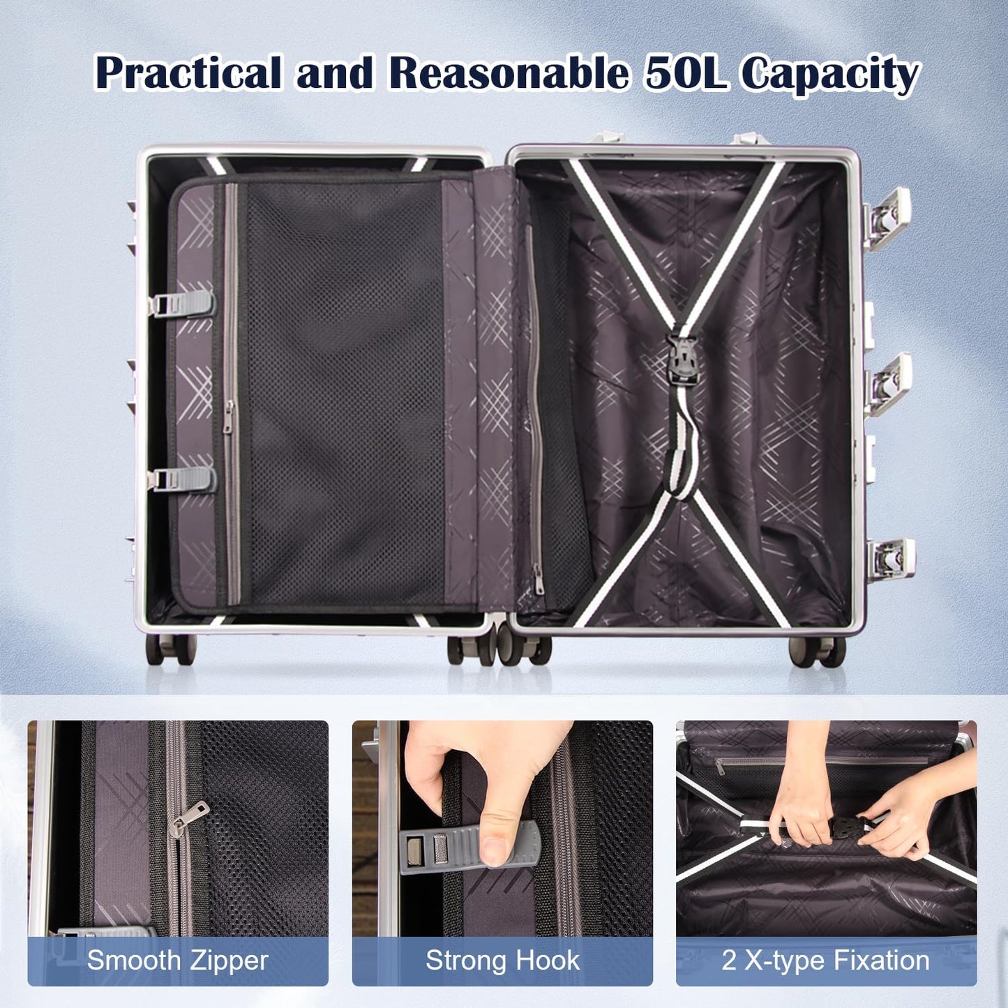 DOMINOX All Aluminum Carry On Luggage Hard Shell Luggage Aluminum Suitcase for Travel Zipperless Luggage Checked Luggage with Silent 360° Spinner Wheels 26 In. (Vertical Grain Style, Sliver)