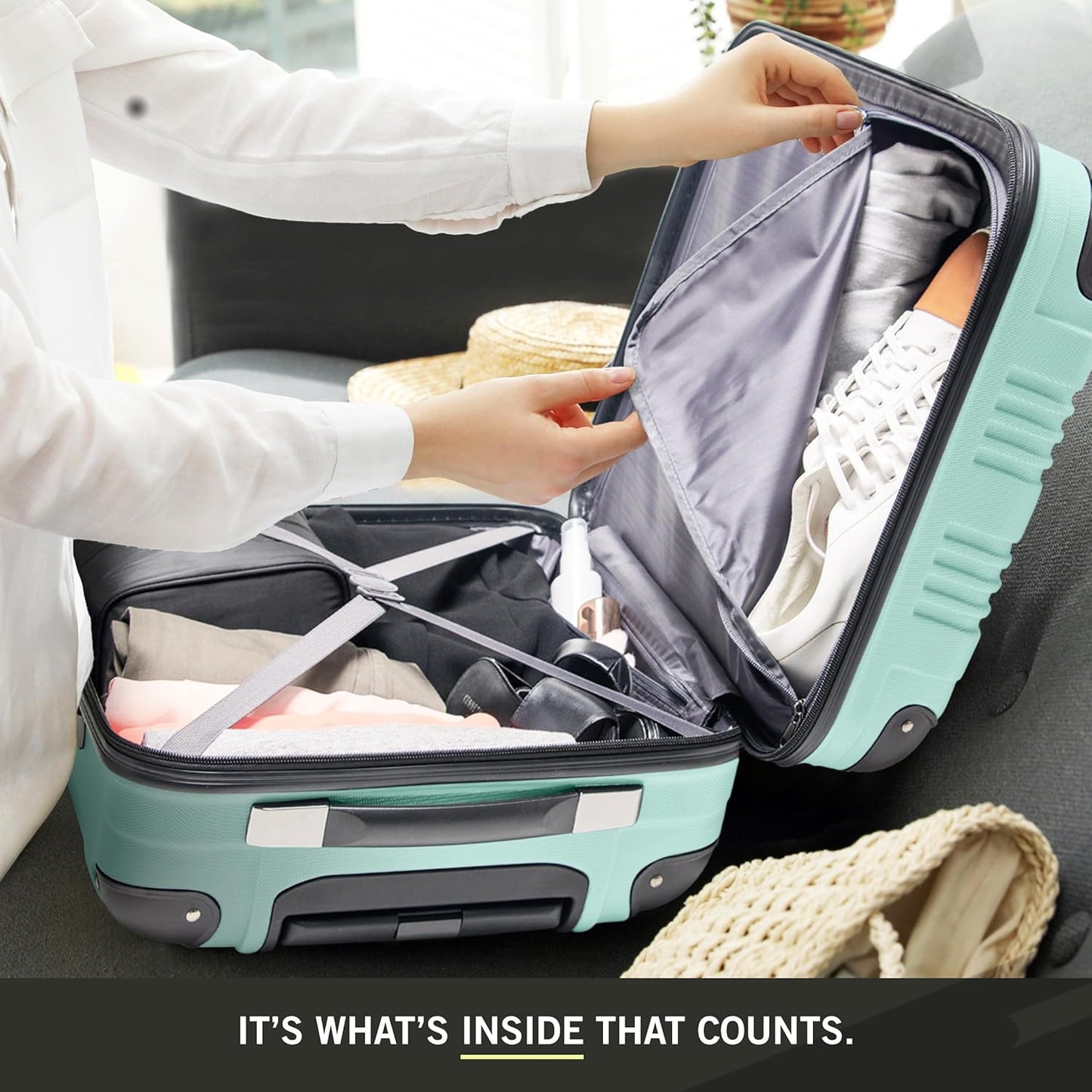 Kenneth Cole REACTION Out of Bounds Lightweight Hardshell 4-Wheel Spinner Luggage, Mint Blue, 20-Inch Carry On