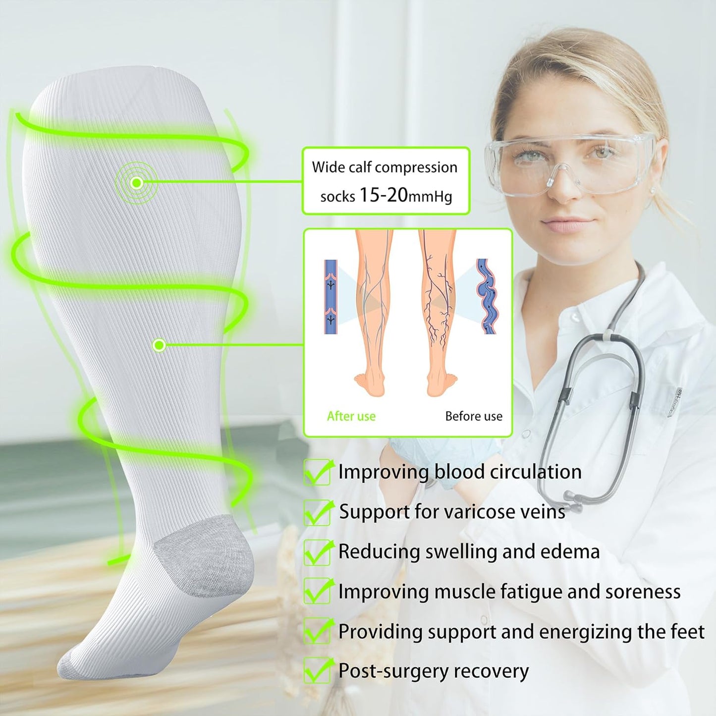 LEVSOX Wide Calf Compression Socks for Women&Men Plus Size 15-20mmHg Knee High Large Support Stockings for Circulation