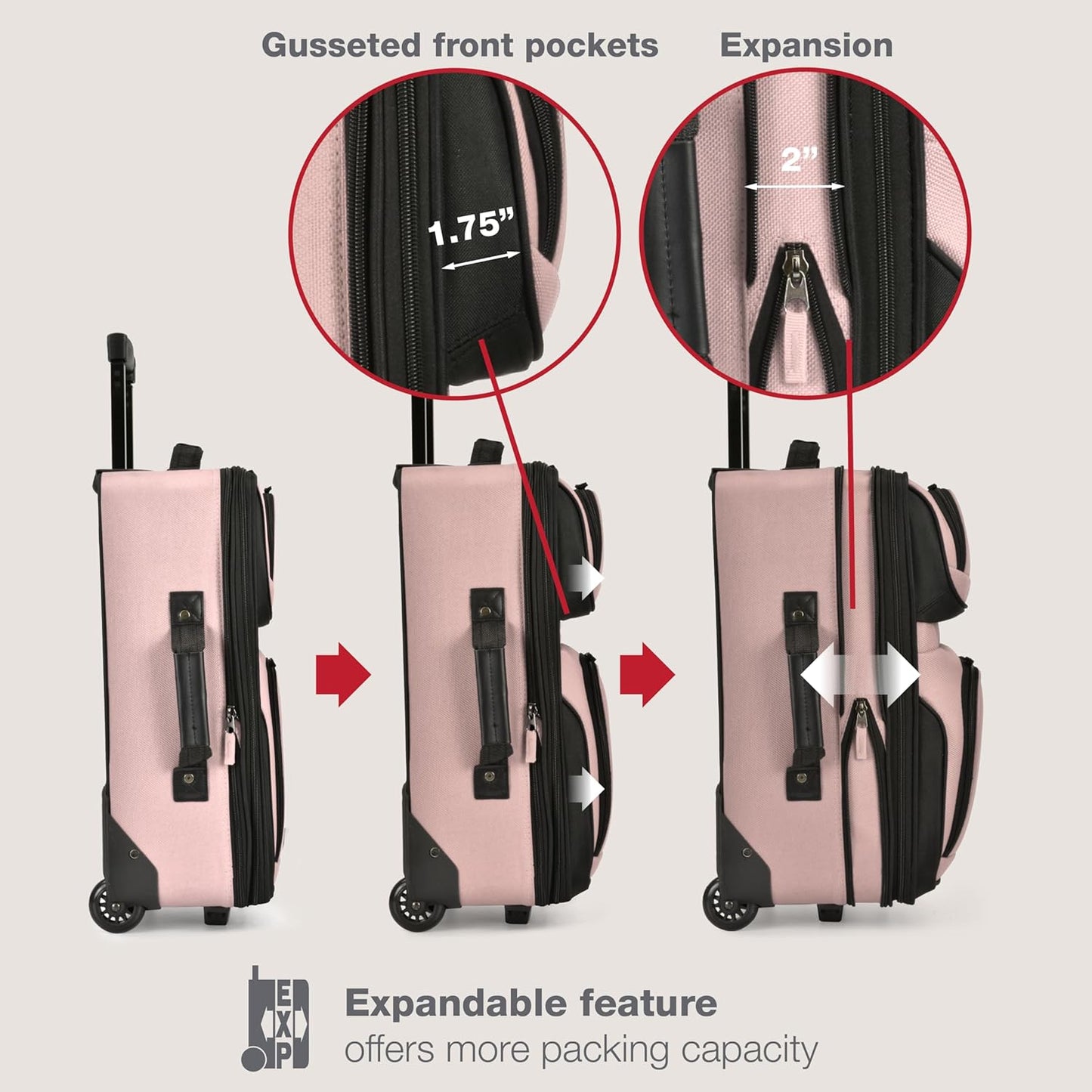 U.S. Traveler, Rio Rugged Fabric Expandable Upright Rolling Carry-on Luggage Set w/Tote Bag, Pink, 2-Piece (21/14)