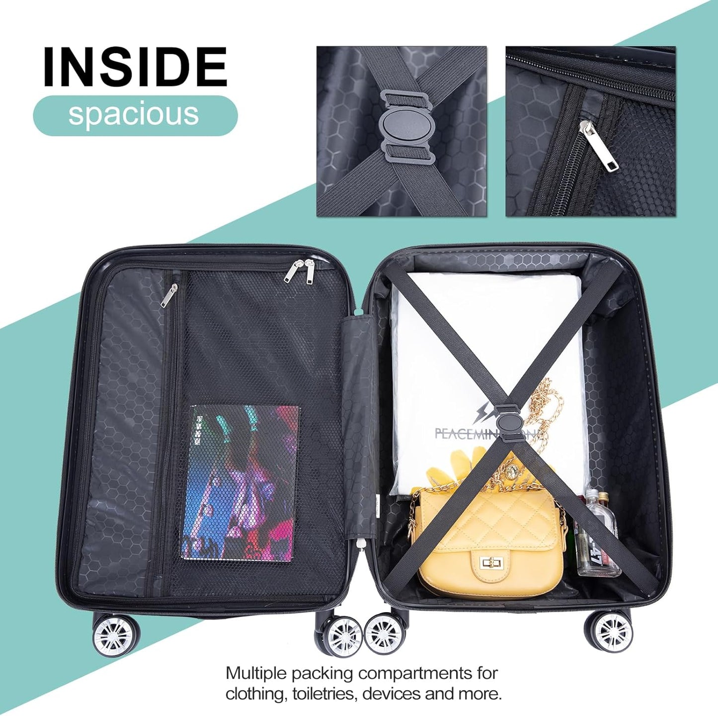 Luggage 4 Piece Set, Hardshell ABS Suitcase Set with Double Spinner Wheels, Lightweight Suitcase, Carry On and Checked Travel Luggage, Aqua Blue