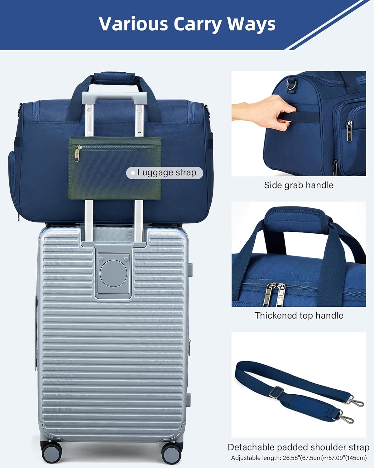 Carry on Duffel Bag Foldable Duffle Bags for Travel, Personal Item Bags for Airplanes, Weekender Overnight Mens Travel Tote Bag for Women Softside Carry on Luggage (Blue)