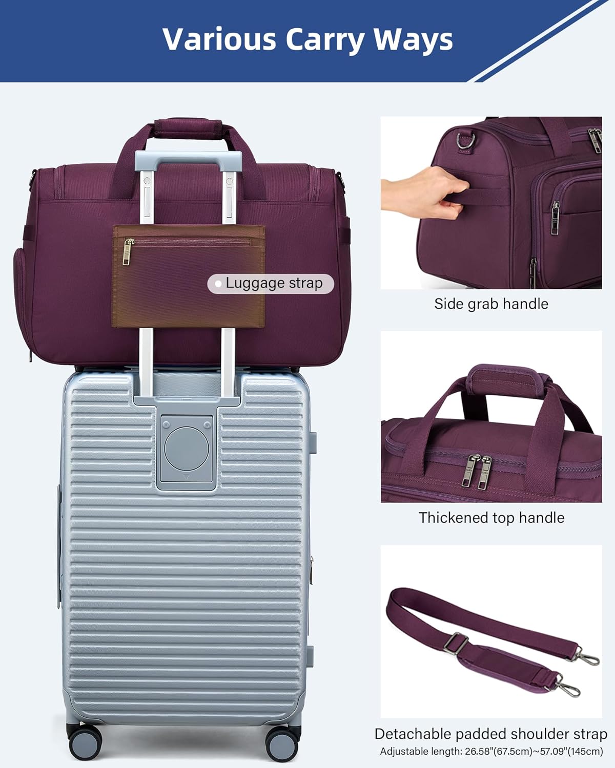 Carry on Duffel Bag Foldable Duffle Bags for Travel, Large Personal Item Bags for Airplanes, Weekender Overnight Mens Travel Tote Bag for Women Softside Carry on Luggage (Purple)