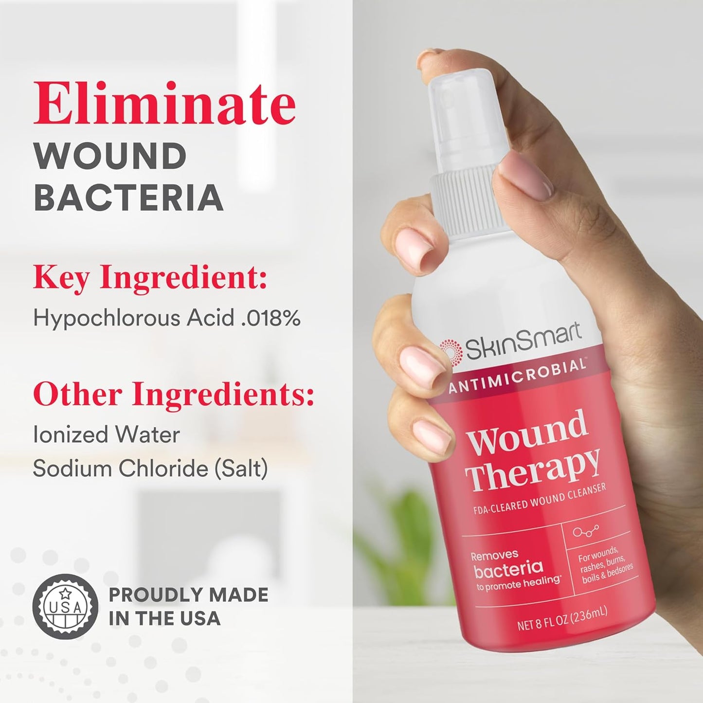 SkinSmart Antimicrobial Wound Therapy, Hypochlorous Acid Safely Removes Bacteria so Wounds Can Heal, 8 Ounce Clear Spray