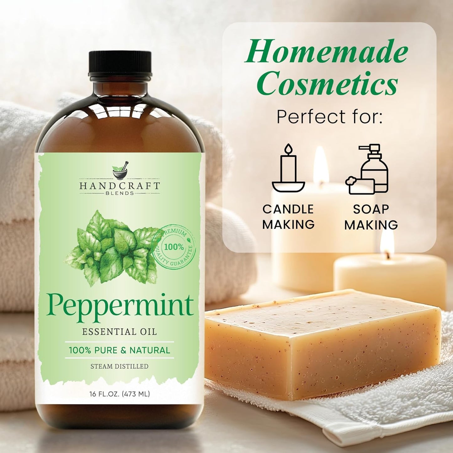 Handcraft Blends Peppermint Essential Oil in Glass Bottle – Huge 16 Fl Oz – 100% Pure and Natural – Premium Grade Oil for Diffuser and Aromatherapy, Skin, Massage, Candle and Soap Making Fragrance