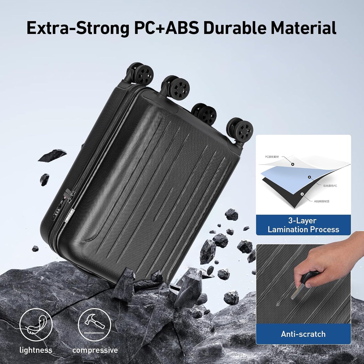 KYME Carry on luggage 22x14x9 Airline Approved Suitcase Hardshell With Double Spinner Wheels, PC+ABS TSA Lock Travel Luggage (Black, 20" Carry On)