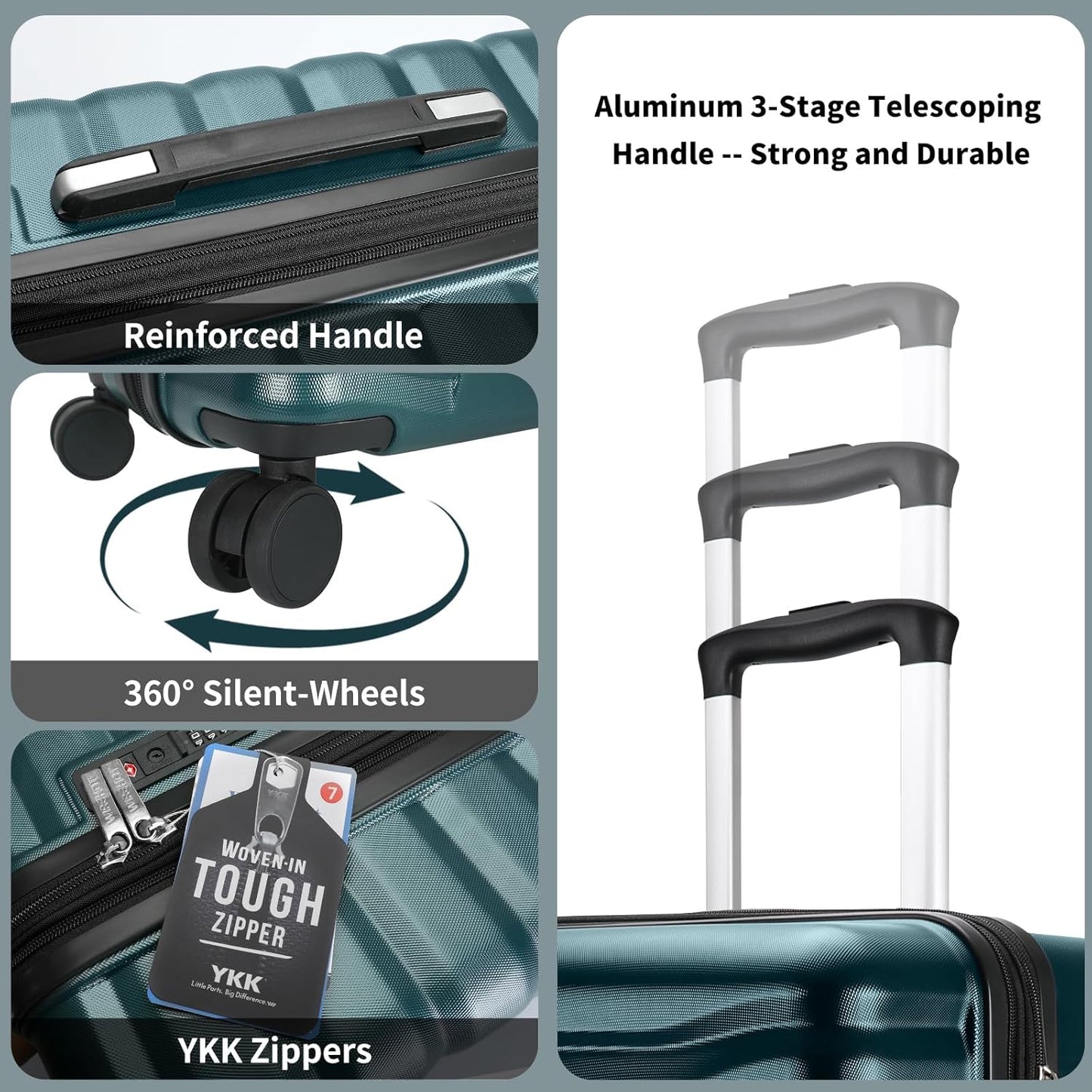 Lightweight Luggage with Spinner Wheels & YKK Zipper, 3-Piece Suitcase ABS+PC Hardside Hard Shell Luggage Set with TSA Lock, Teal Blue (20+24+28 inch)