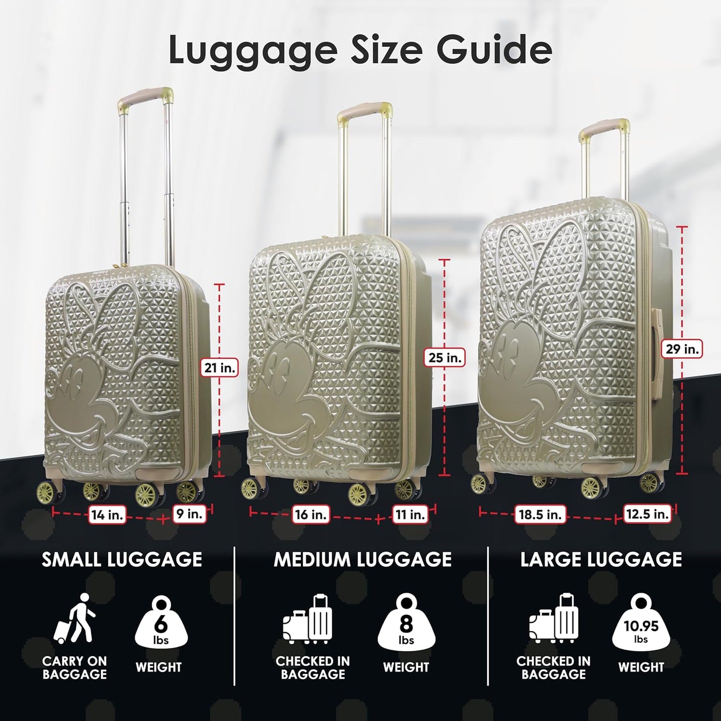 FUL Disney Carry On Luggage, Textured Hardshell Rolling Suitcase with Spinner Wheels, Minnie Mouse-Gold, 22 Inch