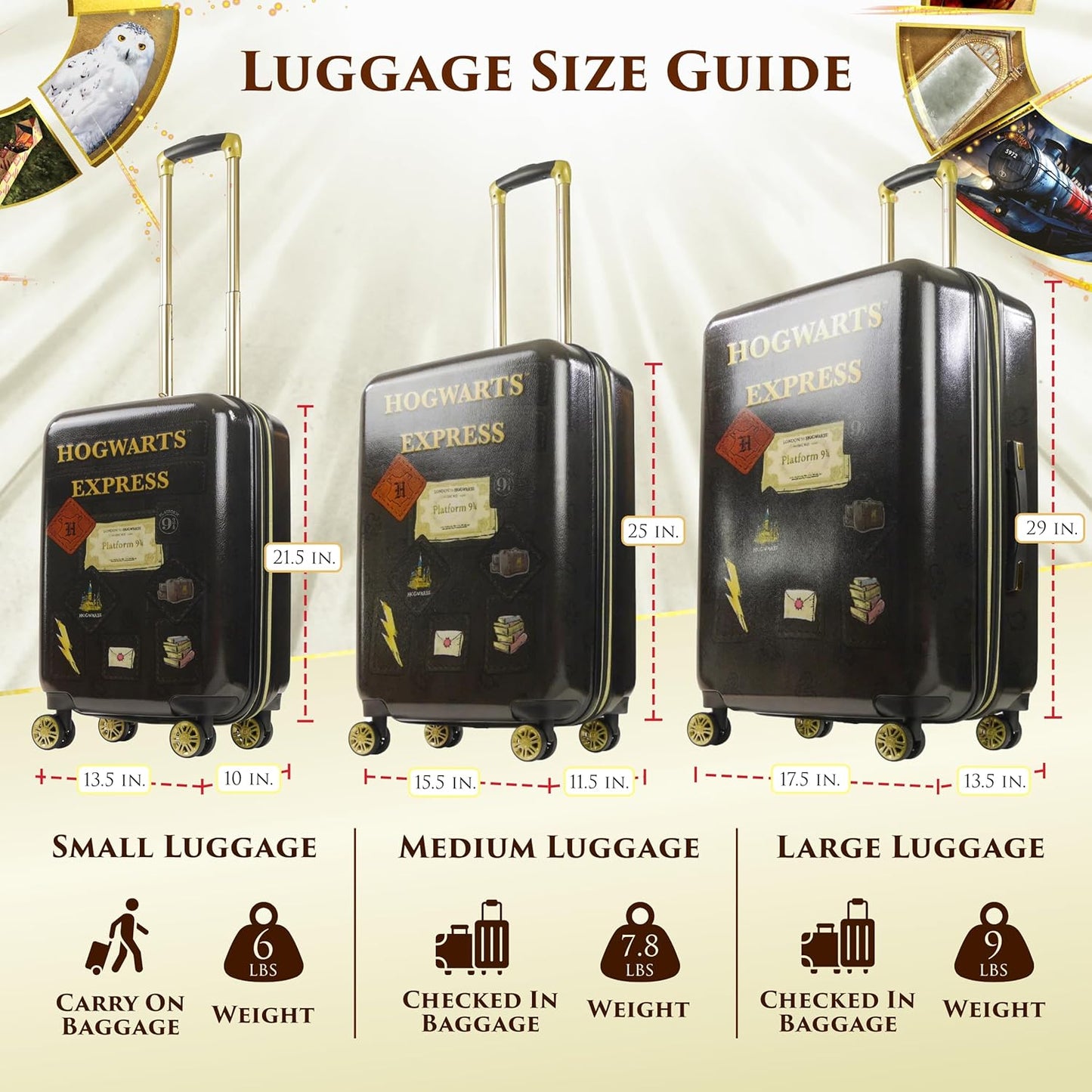 FUL Harry Potter 3 Piece Set Rolling Luggage, Hogwarts Express Hardshell Suitcases with Spinner Wheels, 21/25/29 Inch, Black