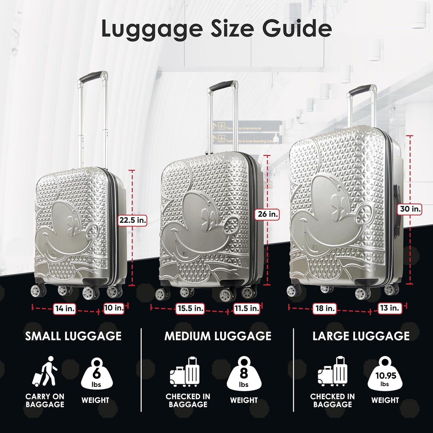 FUL Disney 30 Inch Rolling Luggage, Hardshell Suitcase with Spinner Wheels, Mickey Mouse-Silver