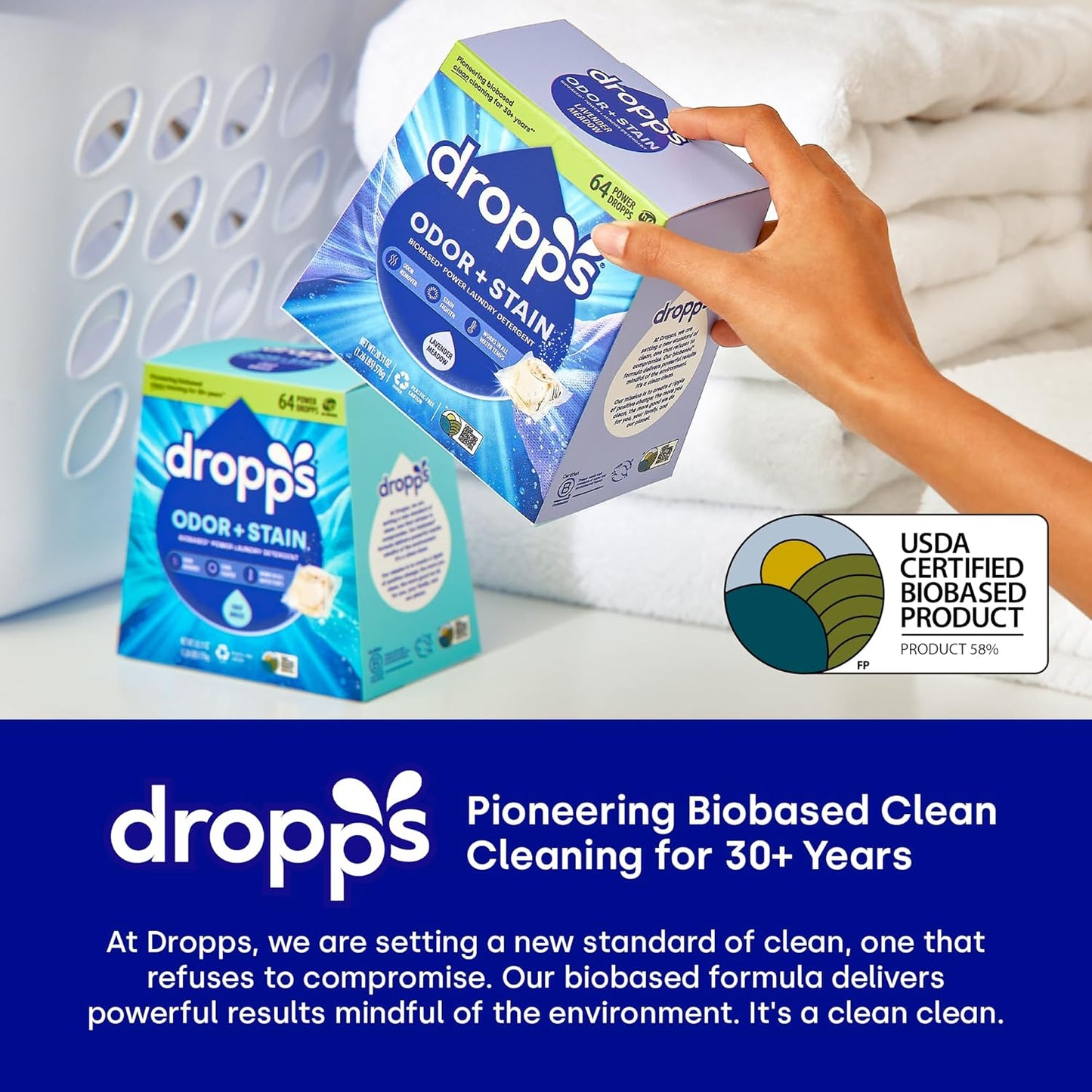 Dropps Odor & Stain Biobased Power Laundry Detergent Pods, Crisp Breeze HE Compatible Laundry Pods for Fresh Clothes - Laundry Soap Supplies & Recyclable Paperboard Packaging