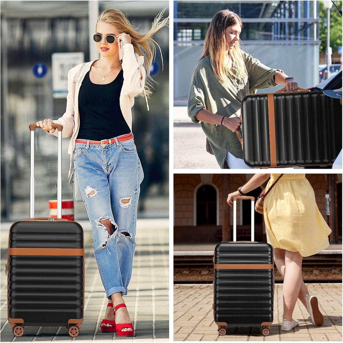 Kono Airline Approved Carry On Luggage, 22x14x9 inches, 20 Inch Expandable Lightweight Hardshell Suitcase with TSA Lock, (Black Brown, Suitable for 1-3 Days of Travel)