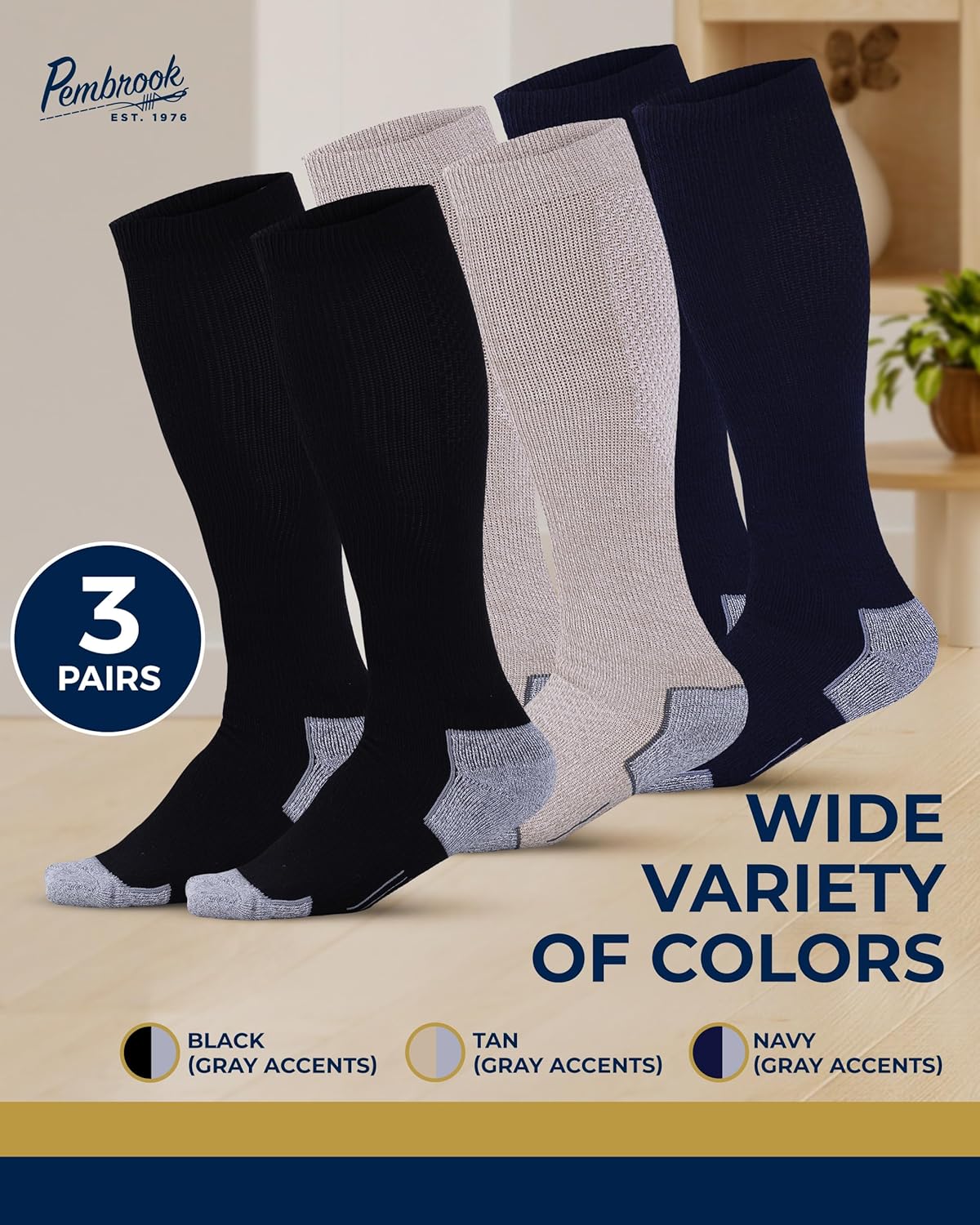 Pembrook Light Compression Socks for Men - 3 Pairs | 8-15 mmhg Compression Dress Socks for Men | Support Socks for Men