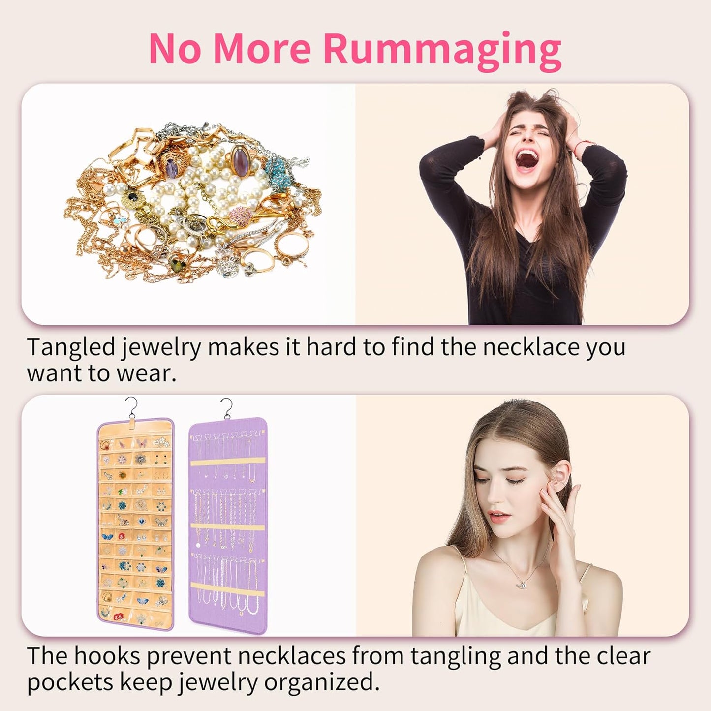 Bloss Hanging Jewelry Organizer with 48 Pockets, Mothers Day Gifts Double-Size Hanging Jewelry Holder with Hanger Hooks, Jewelry Organizers and Storage for Earrings, Necklaces and Rings, Purple