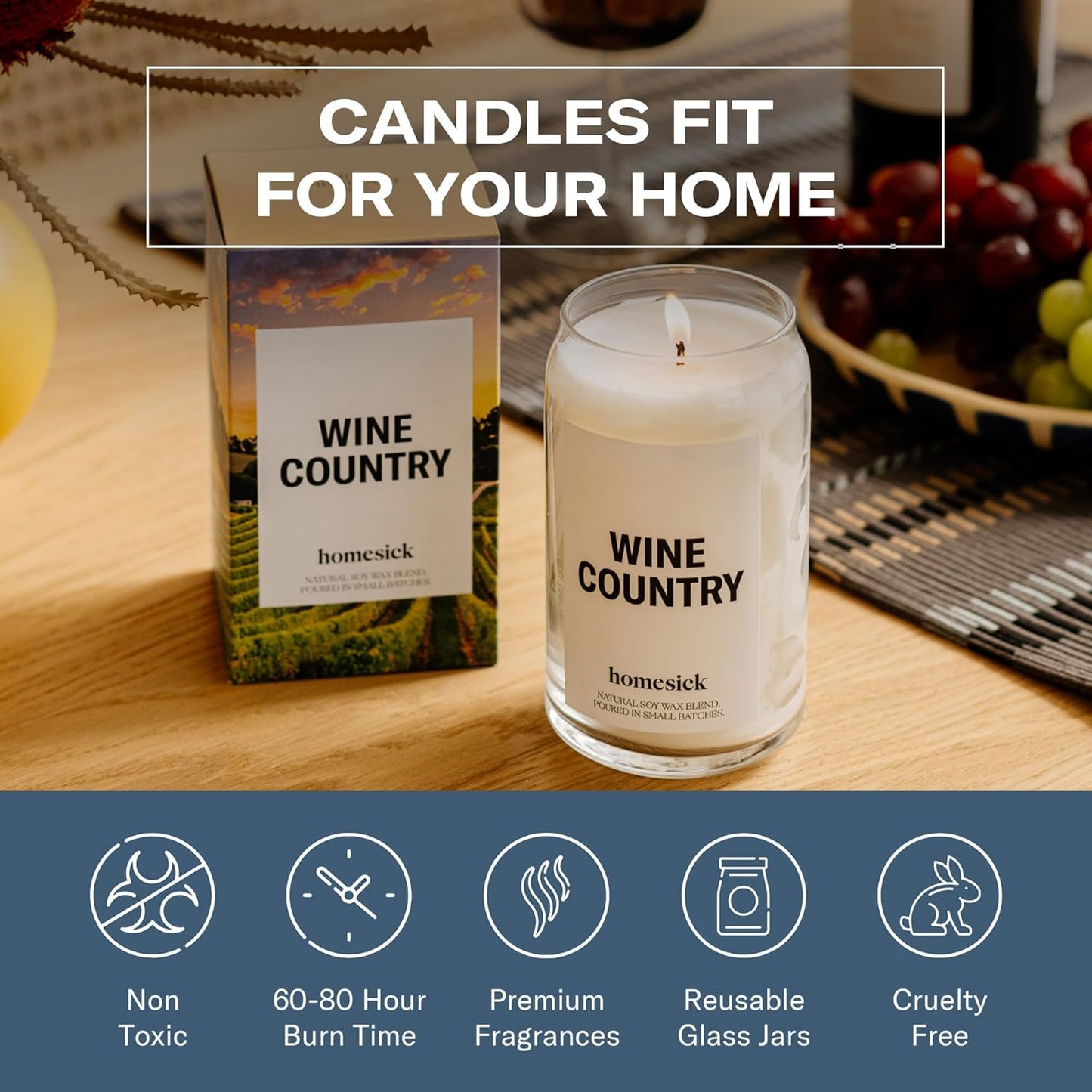 Homesick Scented Candles for Home (Wine Country) - 13.75 oz Long-Lasting Soy Wax Blend Jar Candle Gifts for Women & Men, 60-80 Hours Burn Time - Notes of Grapevines, Santal & Lily of The Valley