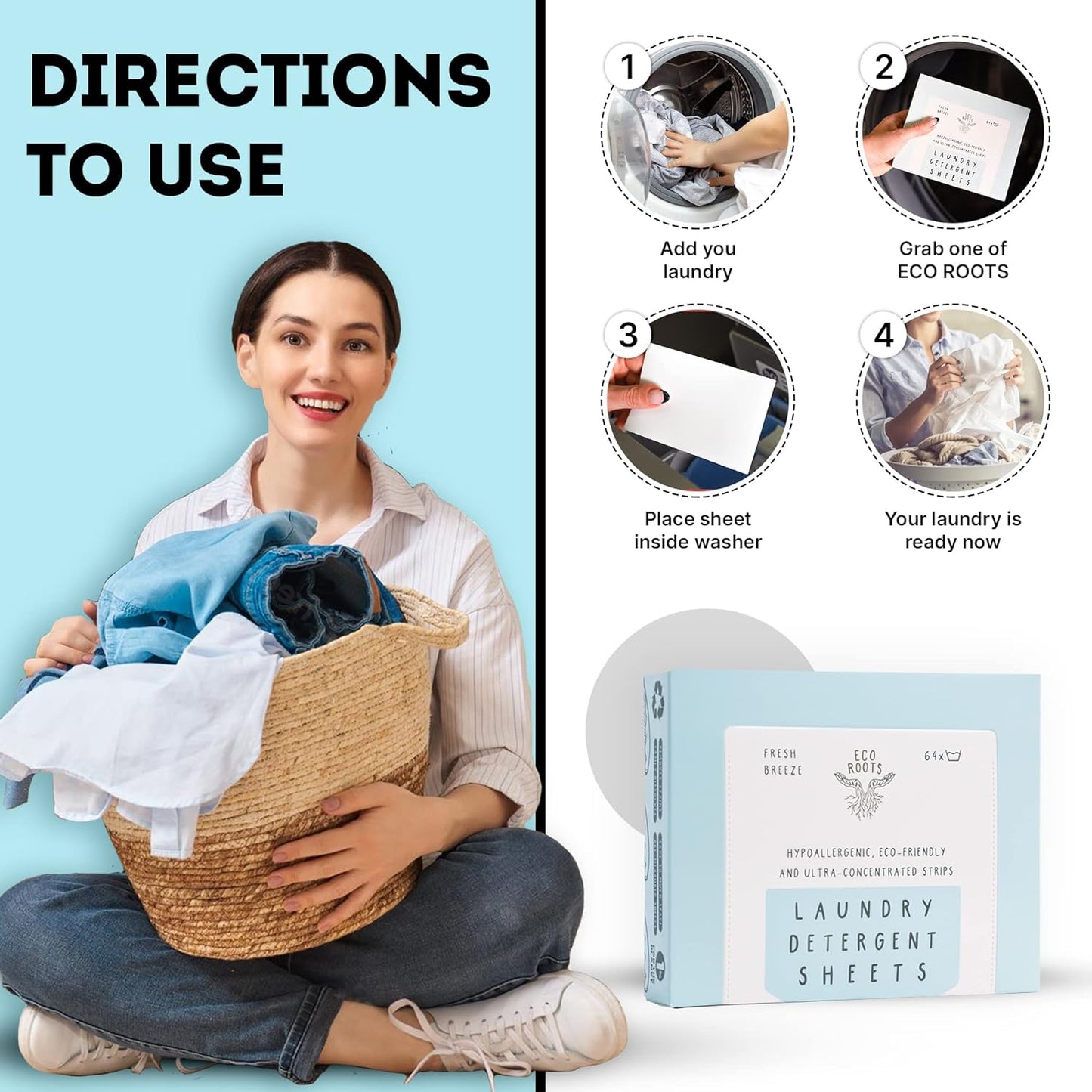 Eco Roots Laundry Detergent Sheets – 64 Loads Eco-Friendly Fresh Breeze Laundry Sheets, Travel Size, Biodegradable & Hypoallergenic – Zero-Waste Detergent Alternative