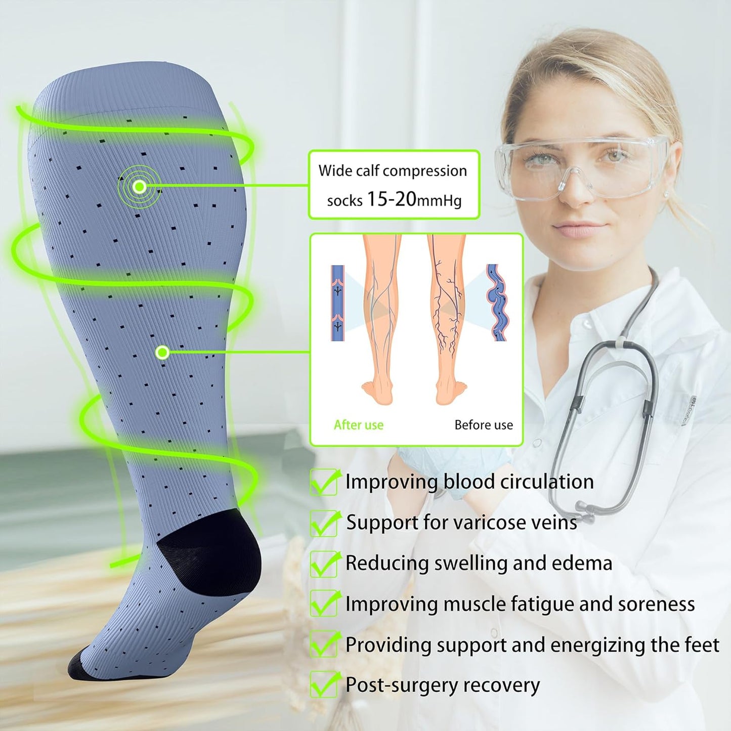 LEVSOX Wide Calf Compression Socks for Women&Men Plus Size 15-20mmHg Knee High Large Support Stockings for Circulation