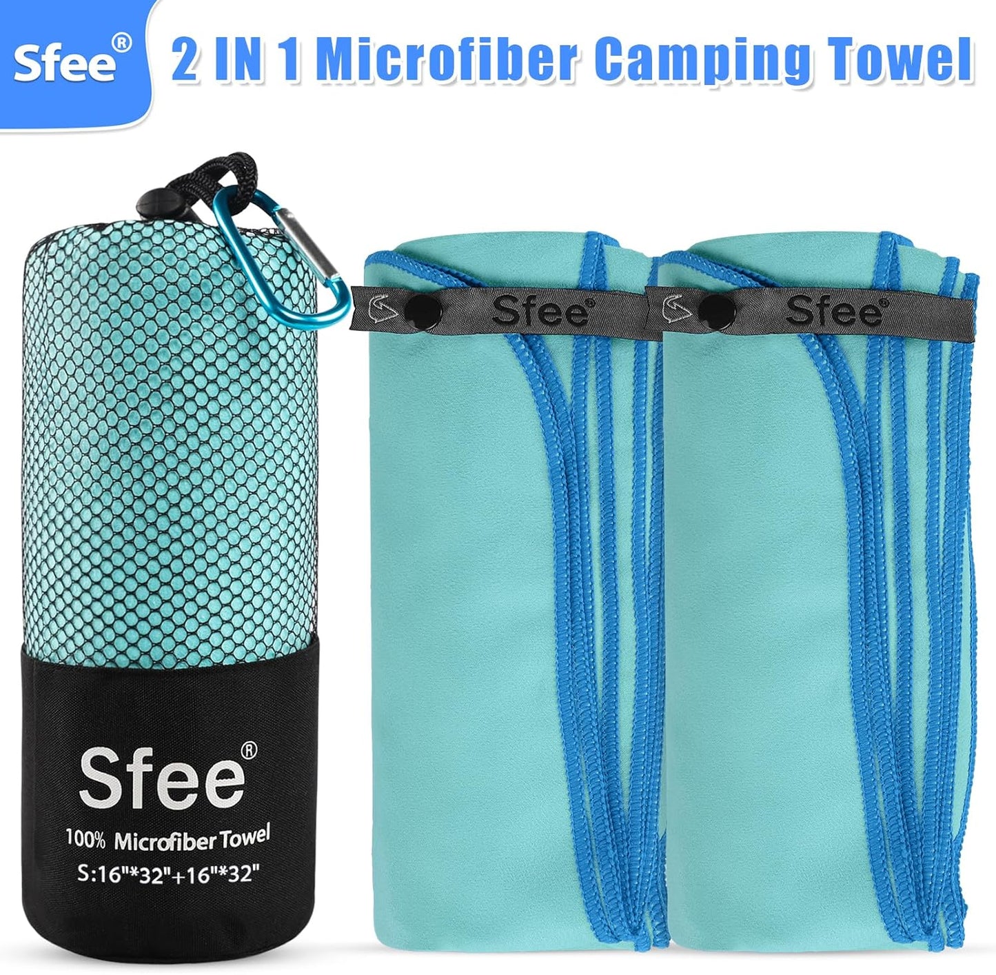 Sfee 2 Pack Microfiber Travel Towel, Quick Dry Towel Camping Towel Beach Towel Super Absorbent Compact Lightweight Sports Gym Towels Set for Beach, Gym, Hiking, Pool, Backpacking, Bath, Yoga