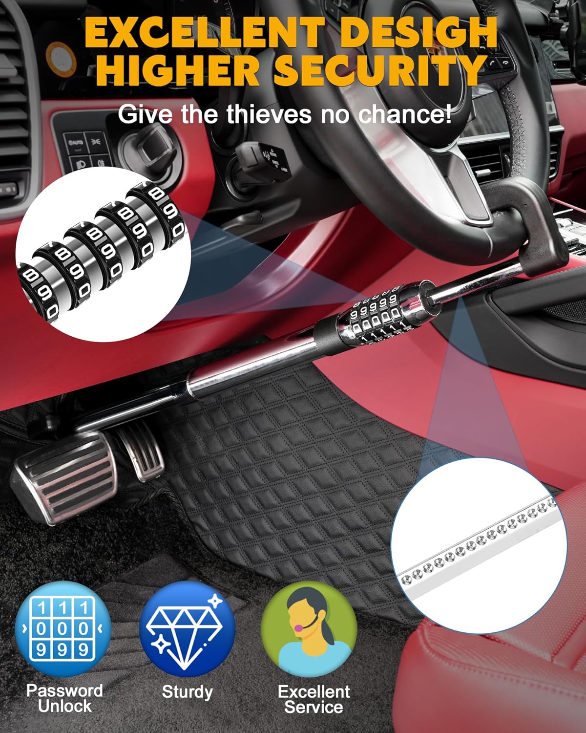 Tevlaphee Steering Wheel Lock Anti Theft Device Retractable Brake Pedal Lock Keyless Password 5 Coded Combination Anti Theft Car Security Device Heavy Duty Universal Fit for Vehicle Car Truck Van SUV