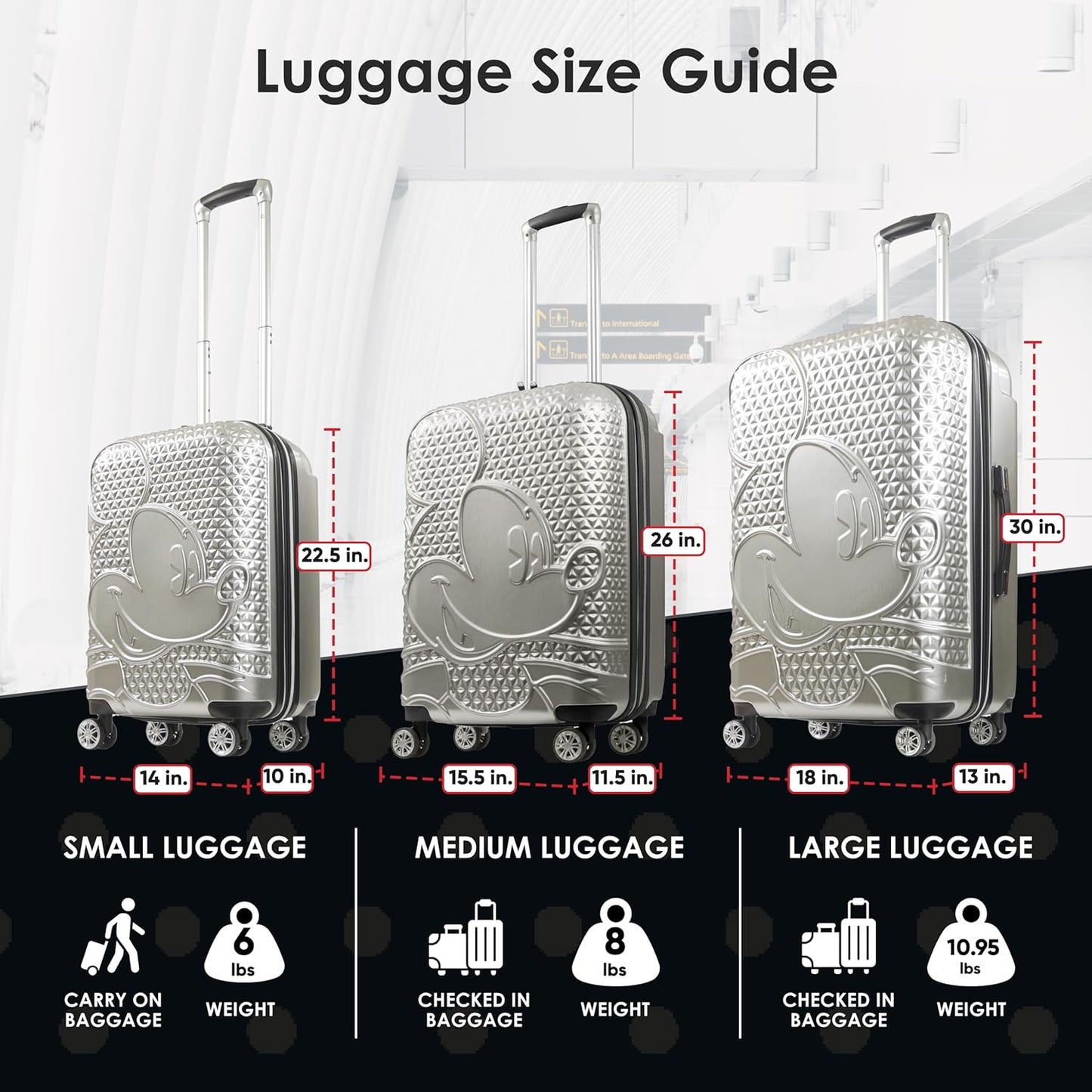 FUL Disney Mickey Mouse 3 Piece Rolling Luggage Set, Hardshell Suitcases with Spinner Wheels, 22/26/30 Inch, Silver