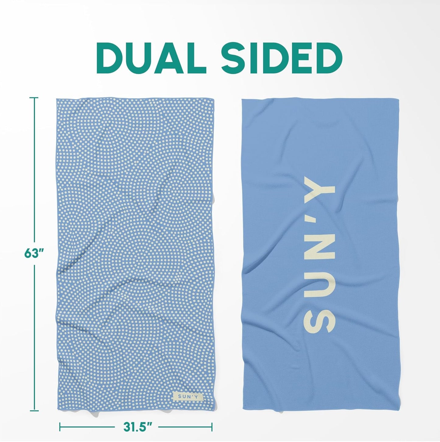 SUN'Y Waffle Microfiber Beach Towel – Sand Free, Quick Dry, Ultra Absorbent, Lightweight & Compact Travel Towel with Carry Bag - Large (63” x 31.5”), Raindrop