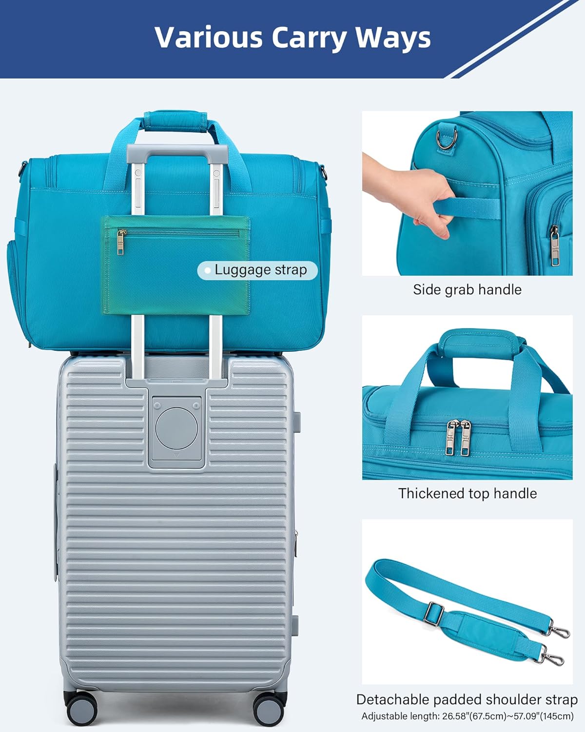 Carry on Duffel Bag Foldable Duffle Bags for Travel, Large Personal Item Bags for Airplanes, Weekender Overnight Mens Travel Tote Bag for Women Softside Carry on Luggage (Caribbean Blue)