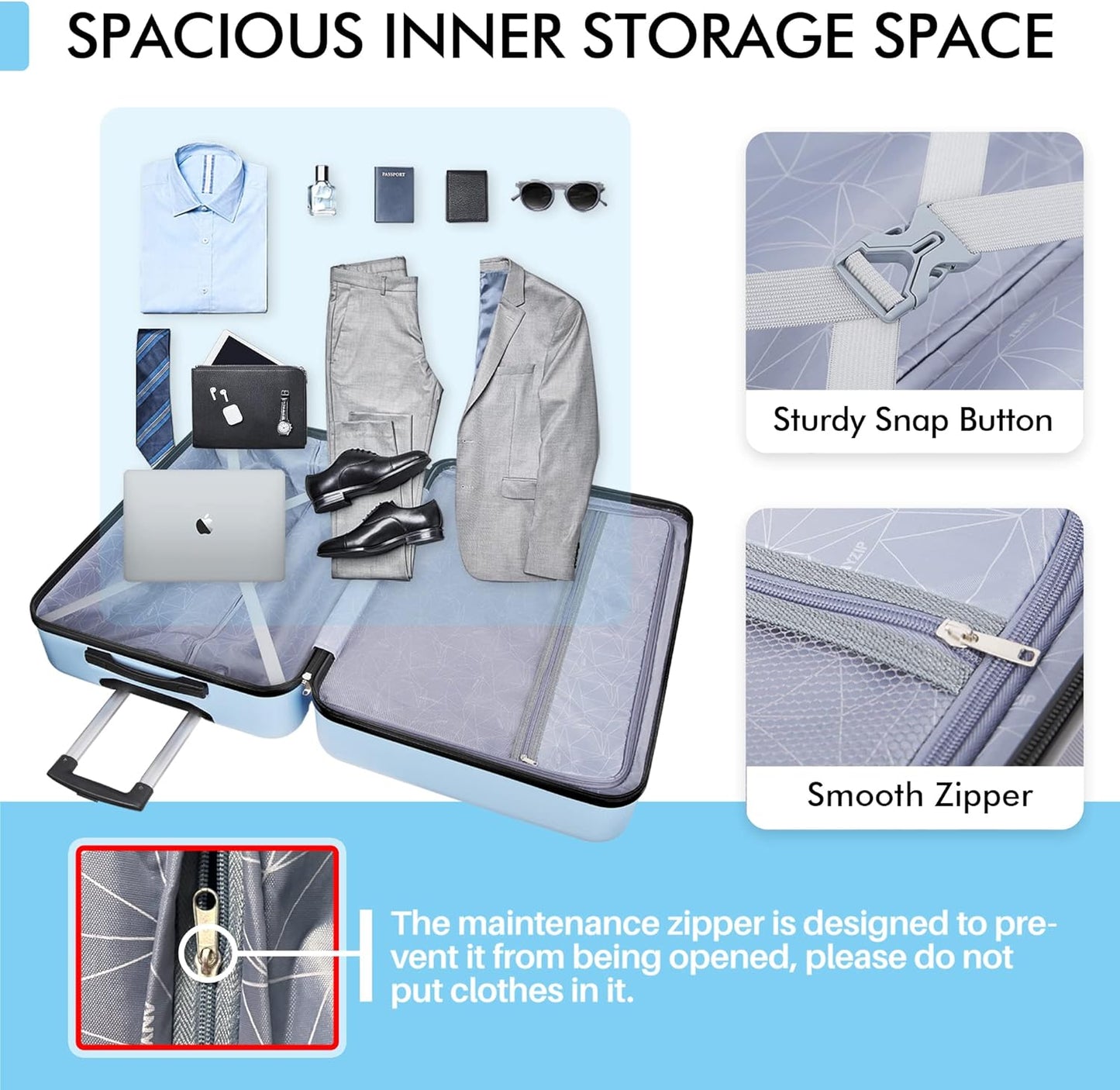 AnyZip Luggage PC ABS Hardside Lightweight Suitcase with 4 Universal Wheels TSA Lock Checked-Medium 24 Inch Light Blue