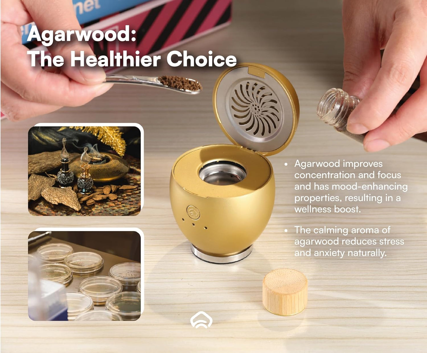 Orbby Scent Diffuser Starter Kit | Portable Small Desk Diffuser for Office: Electric Incense Burner, Cordless Pet Safe Air Freshener for Home, Odor Eliminator – Flameless (Gold, No Pellets)