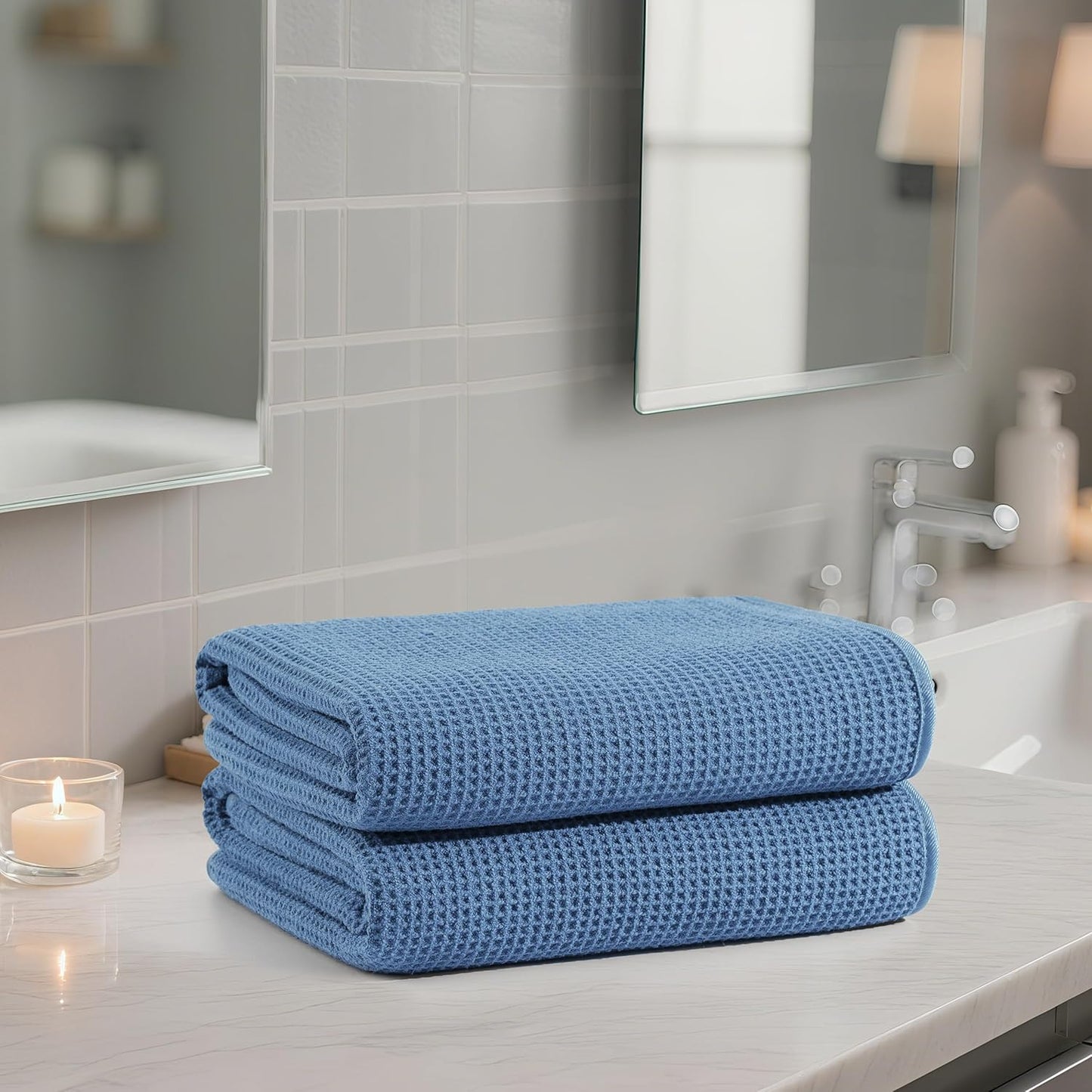 POLYTE Microfiber Oversize Quick Dry Lint Free Waffle Bath Towel for Body, 60 x 30 in, Set of 2