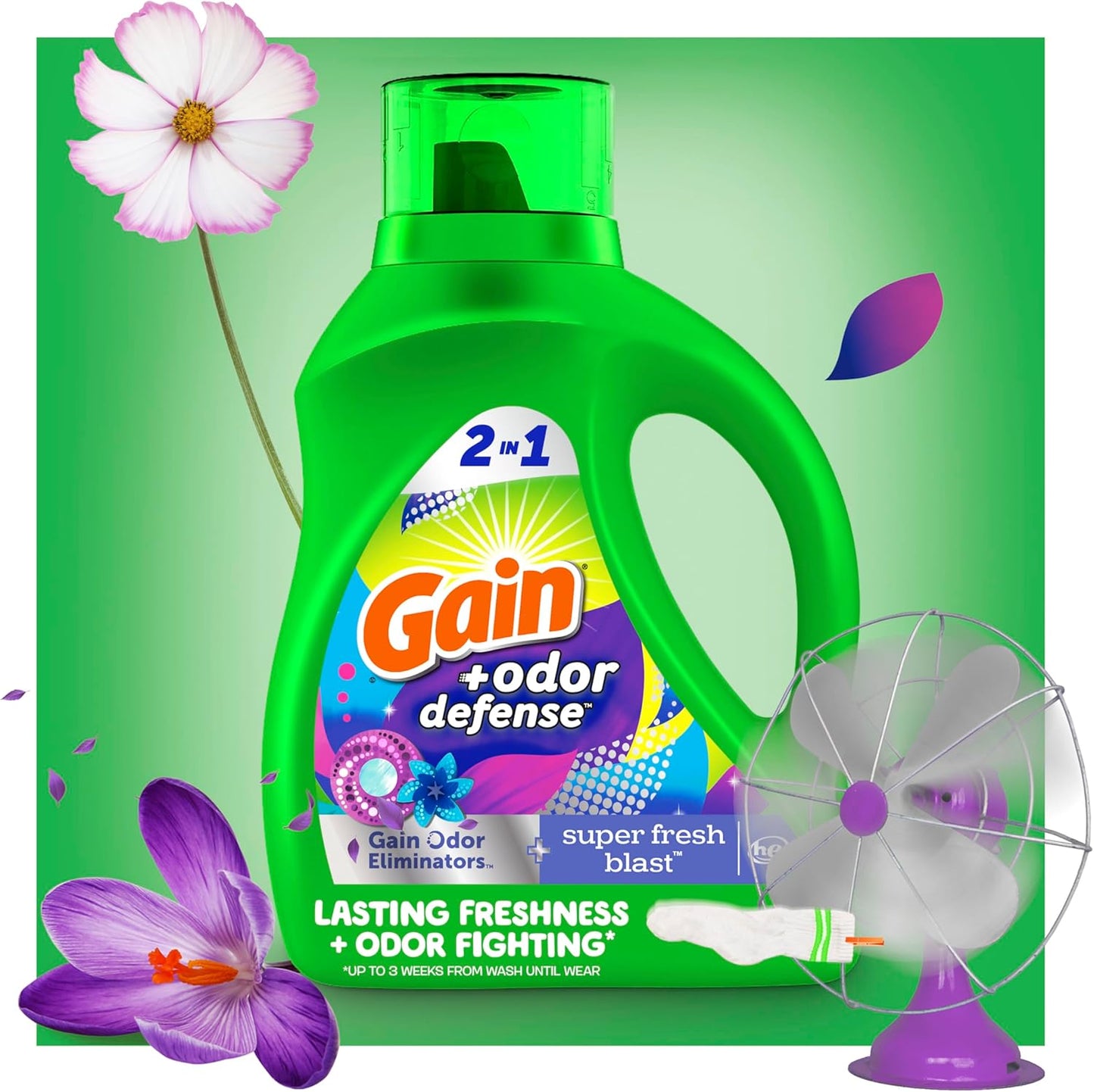 Gain Odor Defense Liquid Laundry Detergent, Super Fresh Blast Scent, 2 x 65 fl oz, 2 x 45 loads, total of 90 loads, 2 in 1, Laundry Detergent Liquid Soap, HE compatible