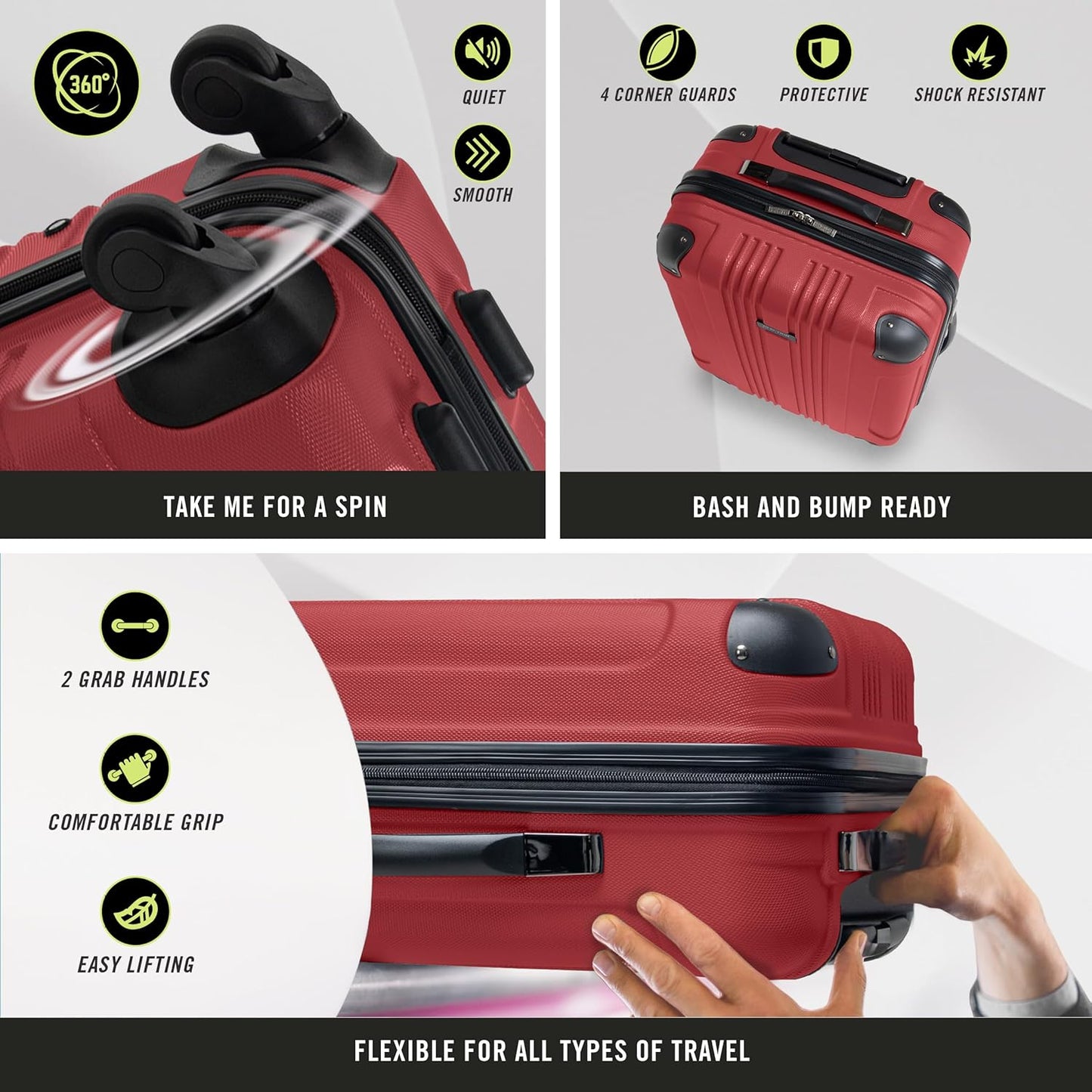 Kenneth Cole REACTION Out of Bounds Lightweight Hardshell 4-Wheel Spinner Luggage, Scarlet Red, 20-Inch Carry On