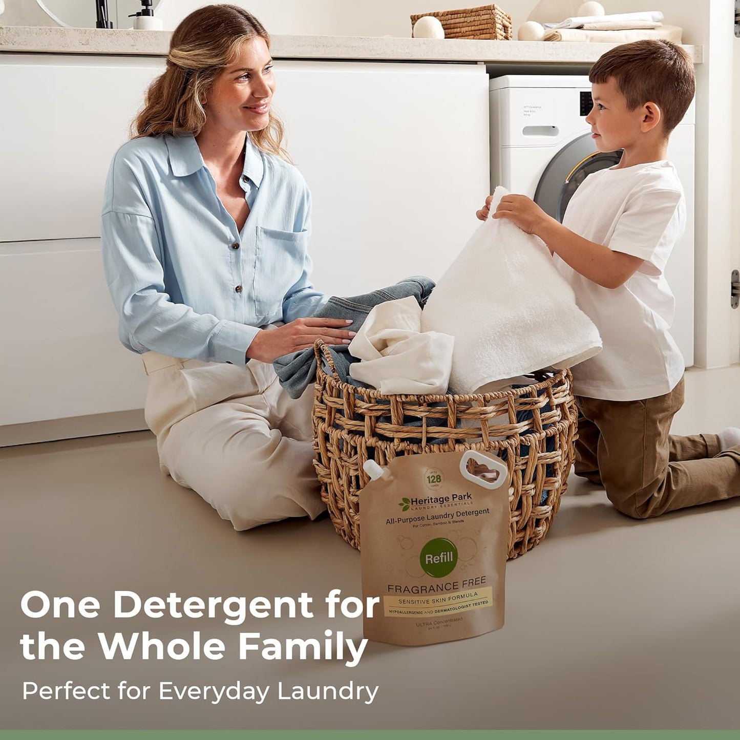 Heritage Park All-Purpose Fragrance Free, Hypoallergenic, pH-Neutral Laundry Detergent - Dermatologist-tested, Sensitive Skin-Friendly, Stain-Fighting Enzymes, 3x Concentrated (64 fl oz Refill Pouch)