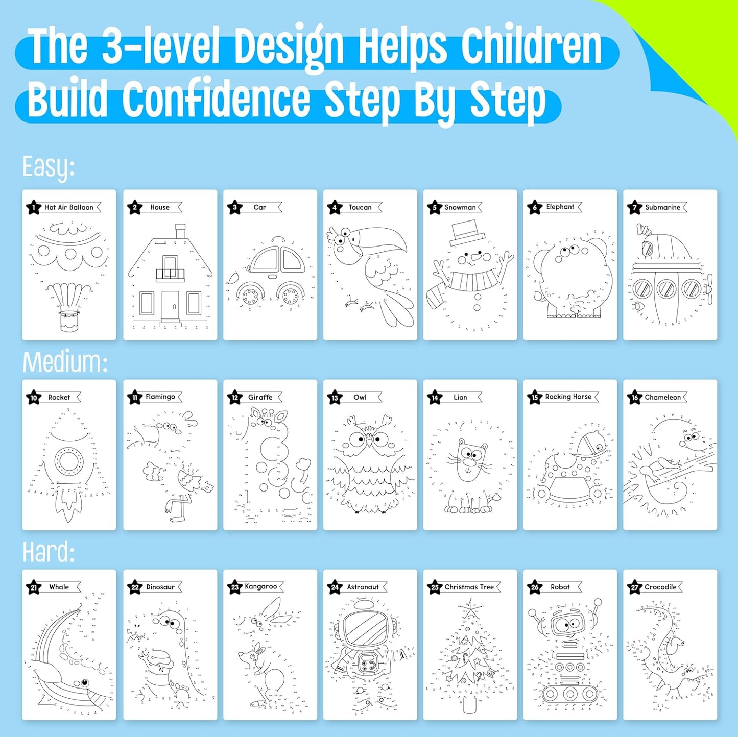 Do-to-Dot Game Pad, 30 Reusable & Erasable Number Connecting Games, Dry Erase Animal/Castle/Ship Dot to Dot Workbook for Kids, Educational Toy for Road Trip, Airplane & Car Travel Activities