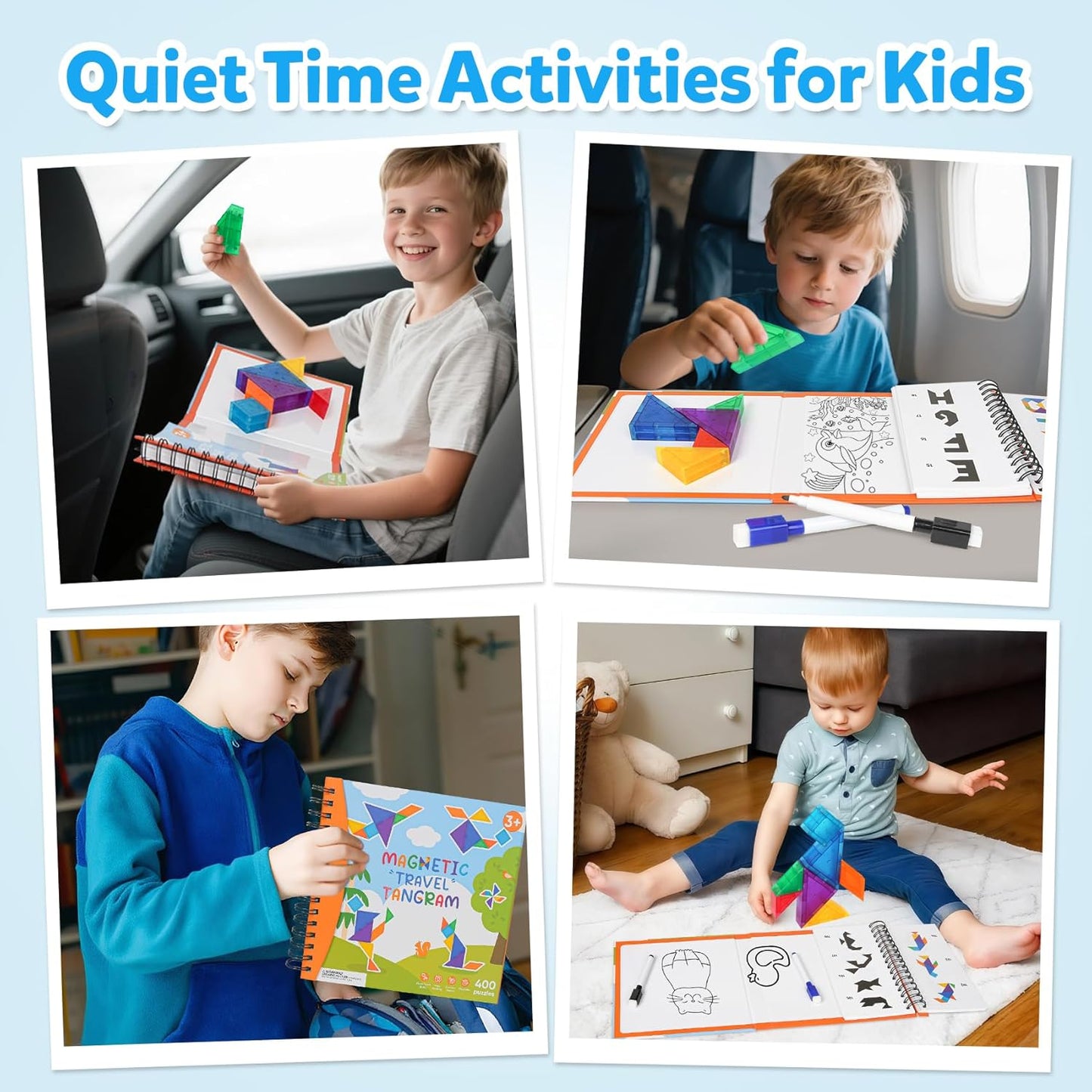 Magnetic Tangram Puzzle with 3D Building Blocks, Road Trip Essentials Travel Tangram with 400 Solution Montessori Travel Toys for Kids Magnetic Puzzles Brain Teasers for Kids Adults