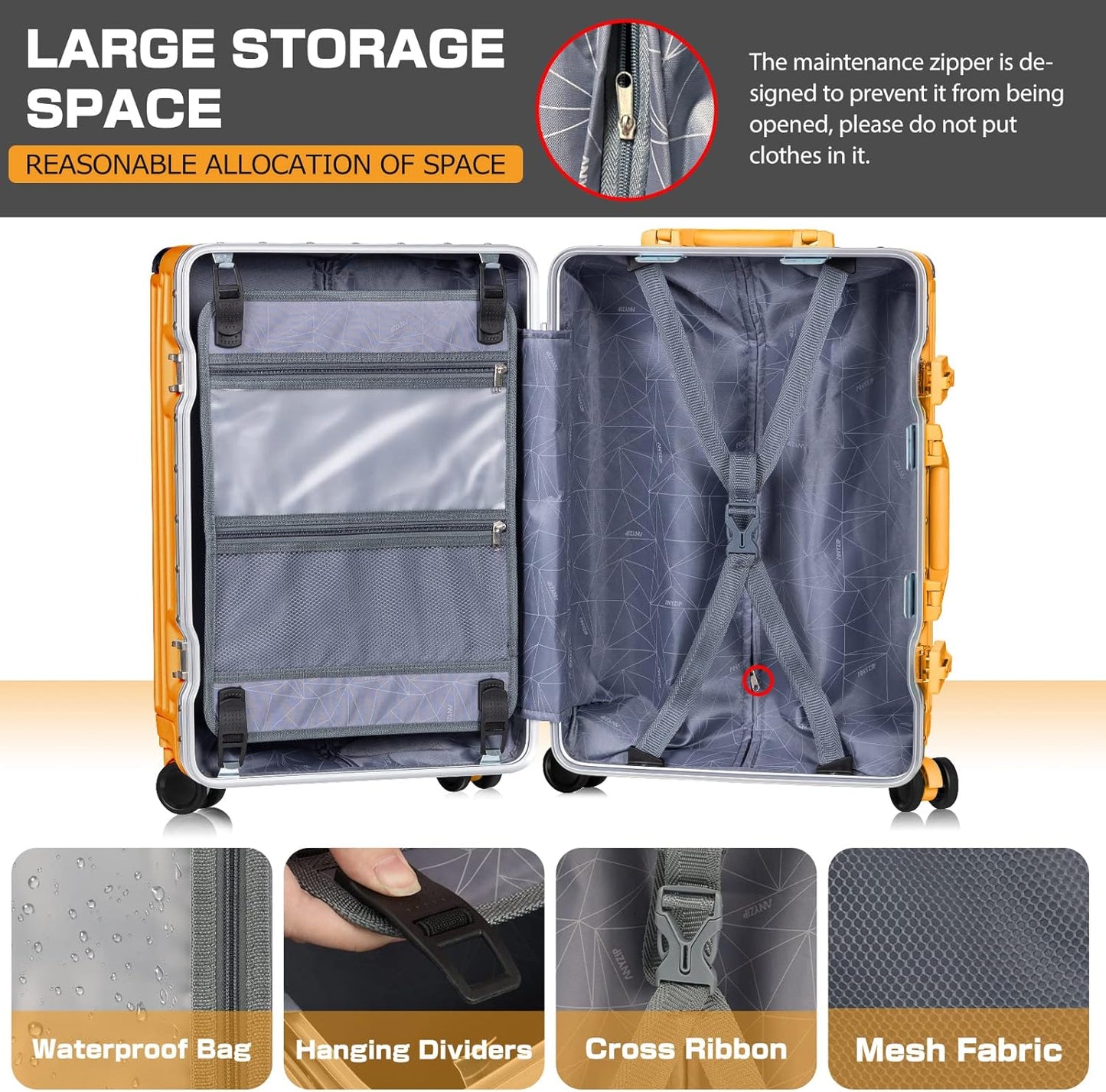 AnyZip Luggage PC+ABS Aluminum Frame Zipperless Checked Luggage Hard Shell Suitcase with TSA Lock Double Spinner Wheels 24 Inch Orange