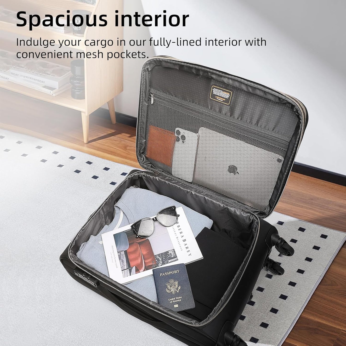 LARVENDER Softside Carry On Luggage 3 Piece, Expandable Carry On Luggage 22x14x9 Airline Approved 20-inch Carry on Suitcase with Spinner Wheels for Men Women, TSA Lock, Black (20/BP/TB)