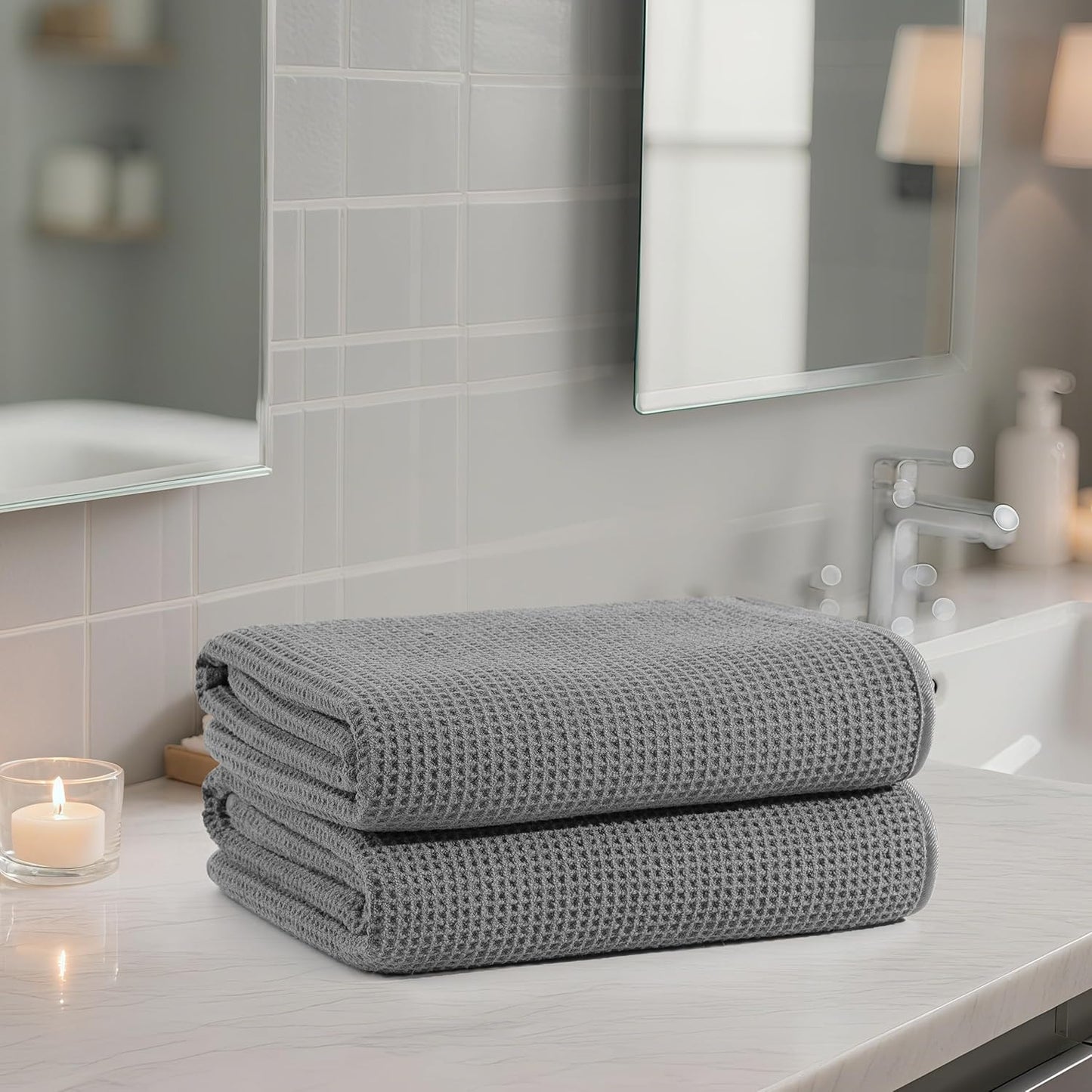 POLYTE Microfiber Oversize Quick Dry Lint Free Waffle Bath Towel for Body, 60 x 30 in, Set of 2