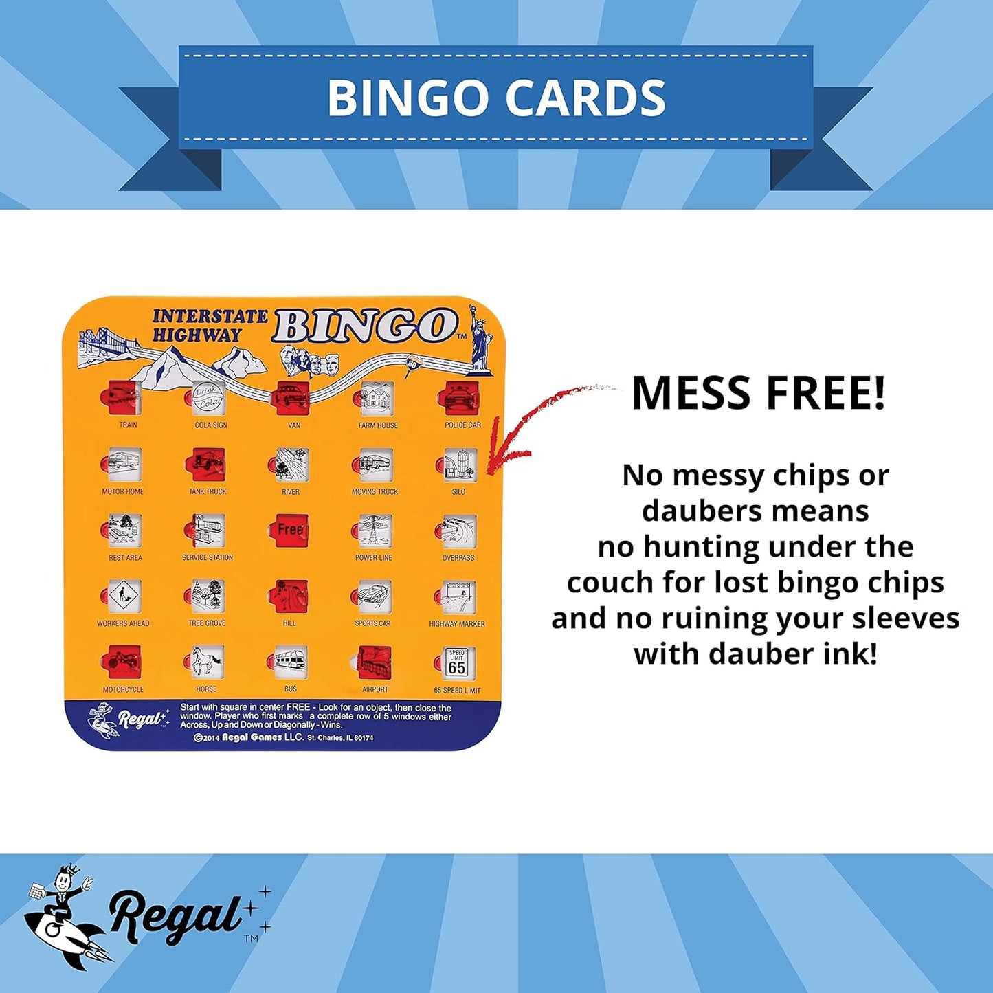 Regal Games Finger-Tip Shutter Bingo Cards with Sliding Windows - Interstate Highway Game Set - Travel Bingo Game for Adults & Kids - Reusable, No Chips & Daubers Needed - 4 Packs - Orange