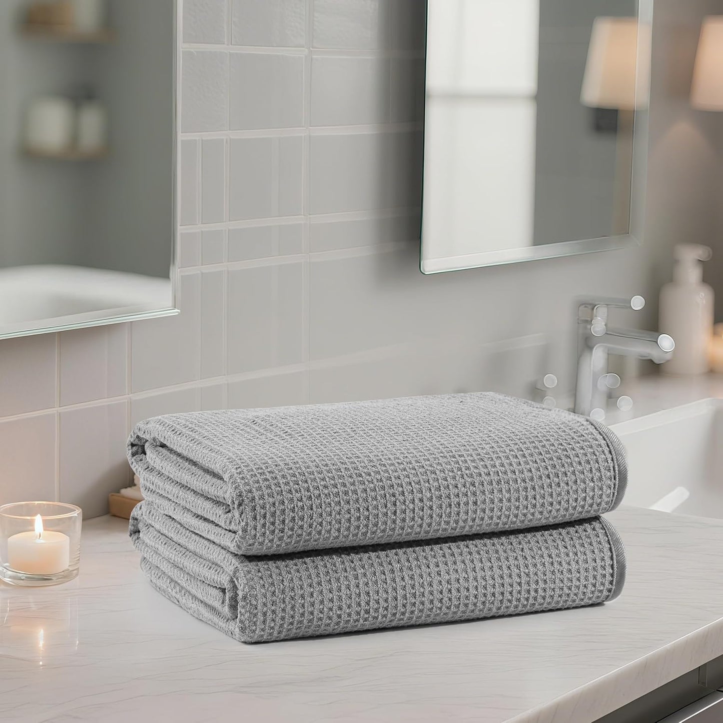 POLYTE Microfiber Oversize Quick Dry Lint Free Waffle Bath Towel for Body, 60 x 30 in, Set of 2