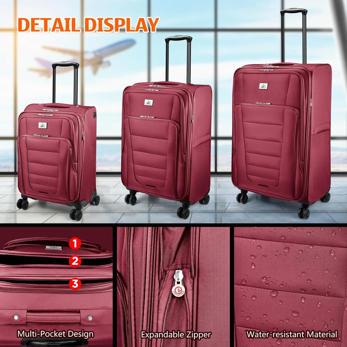 Verdi Softside Expandable 24 Inch Luggage with Spinner Wheels Lightweight Suitcase (Burgundy, Checked-Large 24-Inch)