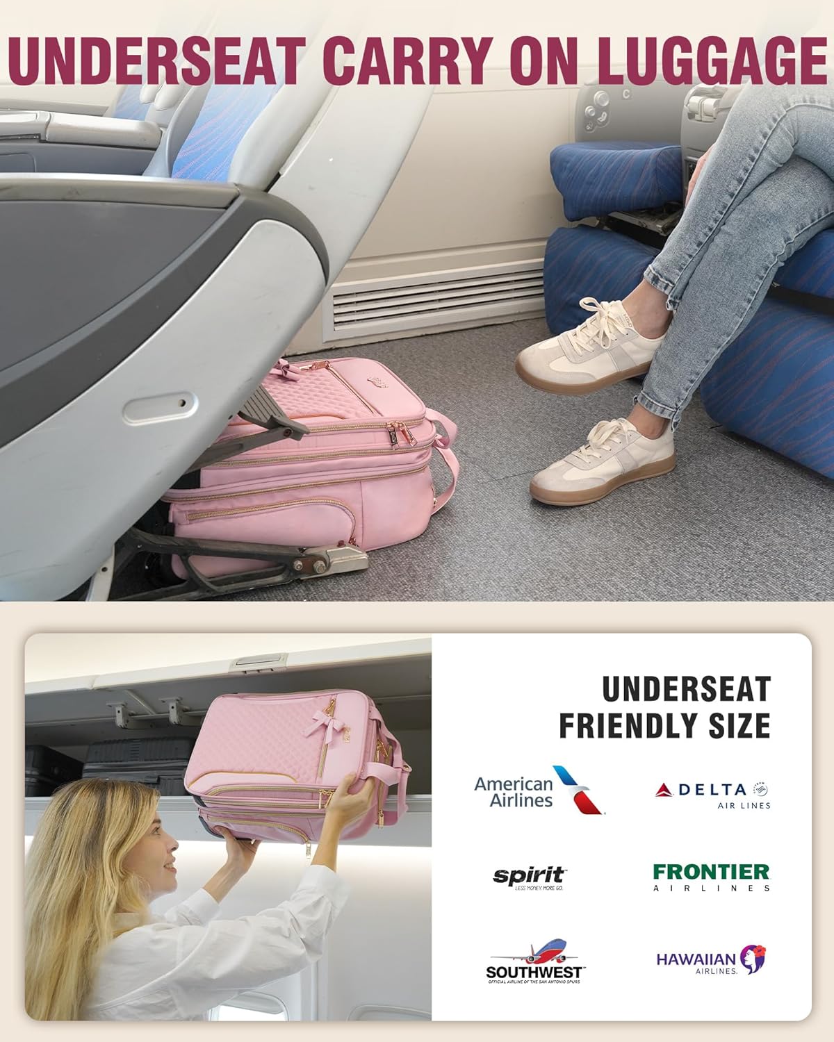 Underseat Carry On Luggage with Wheels, Airline Approved Personal Item Suitcase with Multiple Compartments, Lightweight Softside Under Seat Carry-on Suitcases for Women Travel Business, Pink