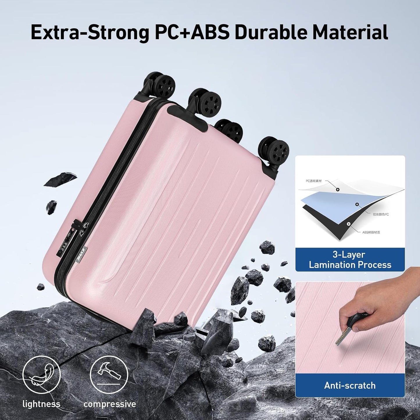 KYME Luggage Sets 2 Piece Hardshell 20"/24" Suitcase with Double Spinner Wheels Hardside Suitcases Sets with TSA Lock PC+ABS Travel Luggage (Pink, 2Pcs Set(20"/24"))