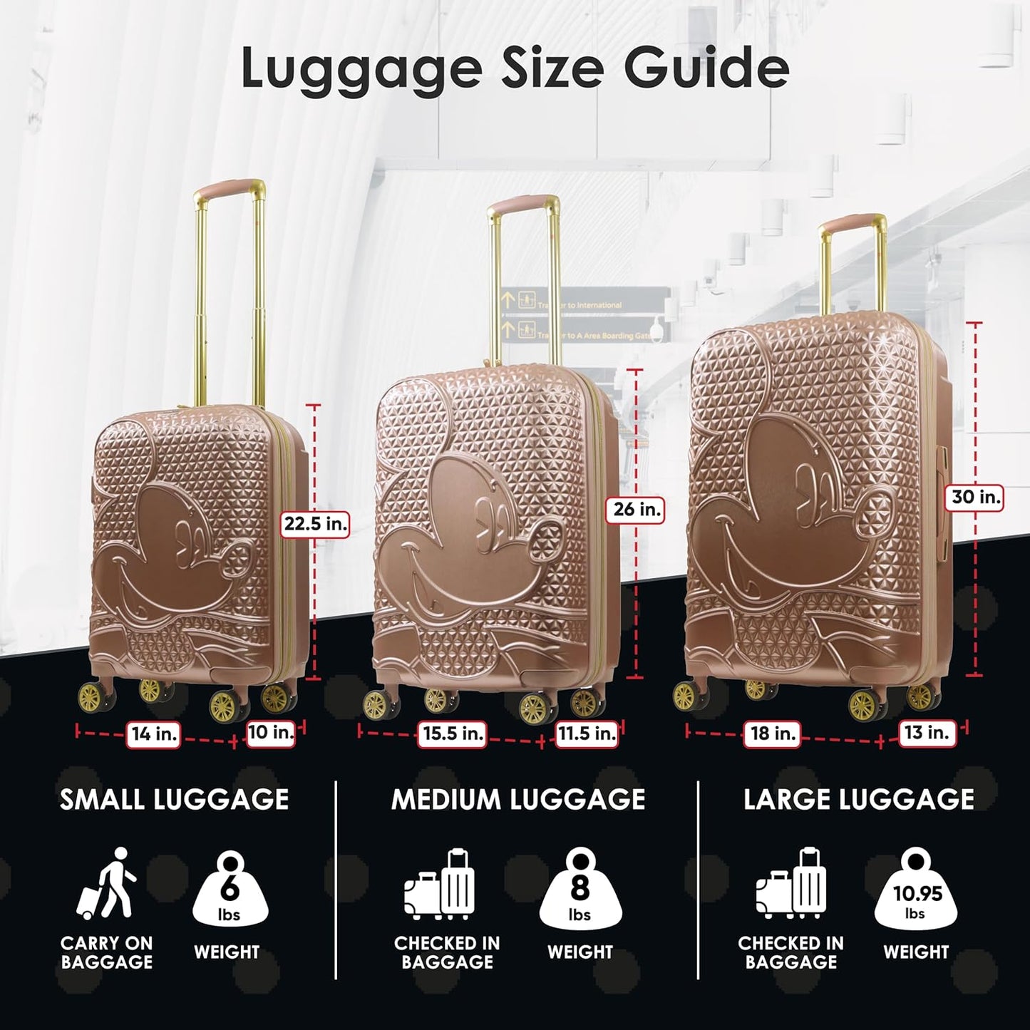 FUL Disney 3 Piece Rolling Luggage Set, Hardshell Suitcases with Spinner Wheels, Mickey Mouse-Rose Gold