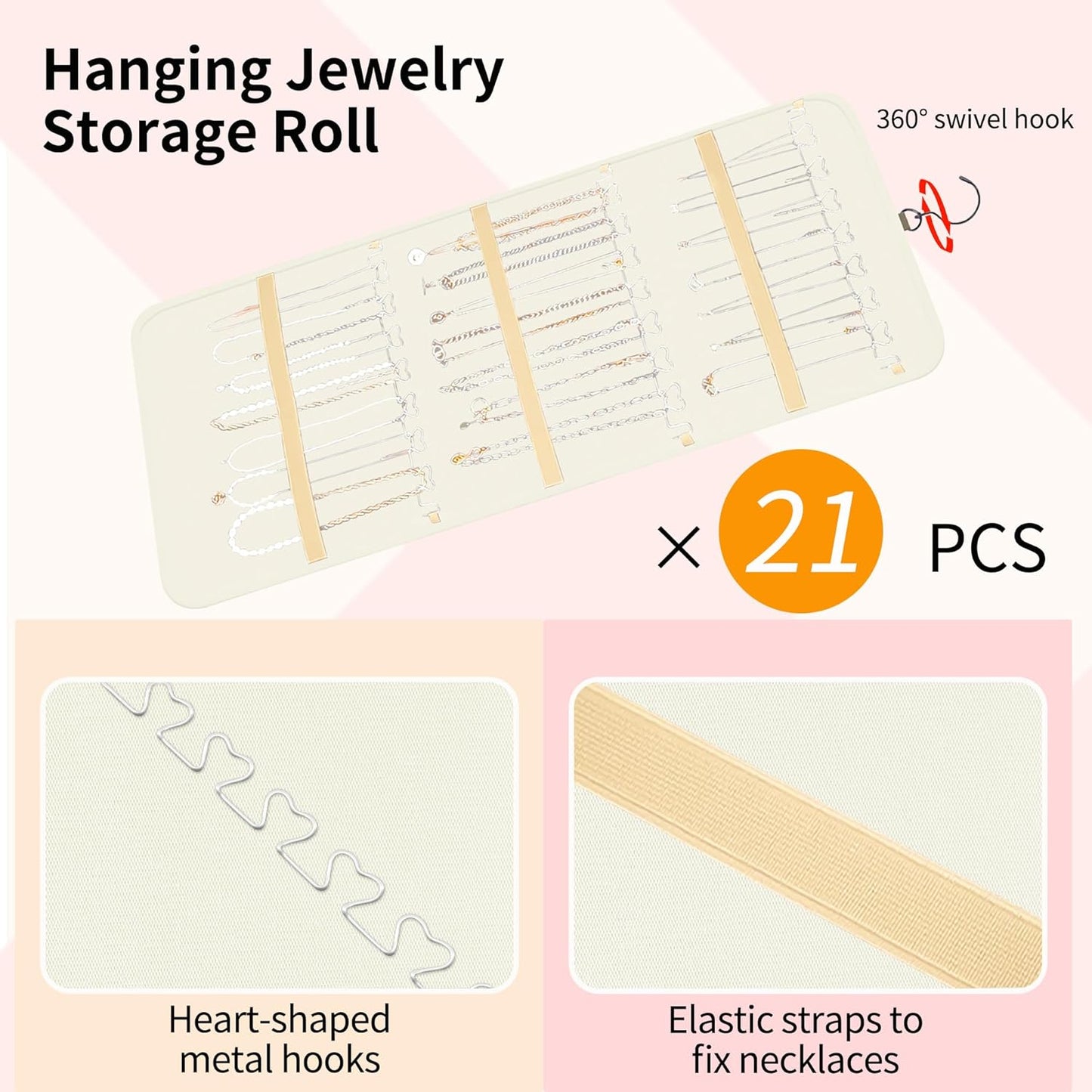 Bloss Hanging Jewelry Organizer with 48 Pockets, Double-Side Hanging Jewelrys Holder with Hanger Hooks, Jewelry Organizers and Accessories Storage for Earrings, Necklaces and Rings,Beige