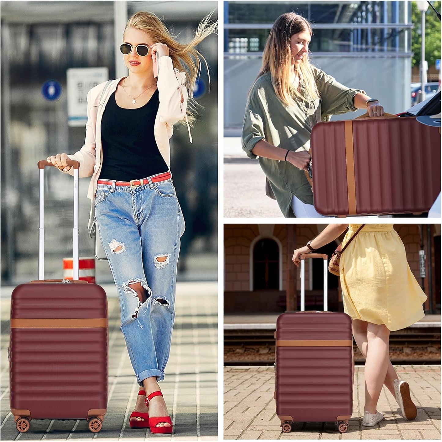 Kono Airline Approved Carry On Luggage 22x14x9 inches, with TSA Lock, 20 Inch Expandable Lightweight Hardshell Suitcase (Burgundy, Suitable for 1-3 Days of Travel)