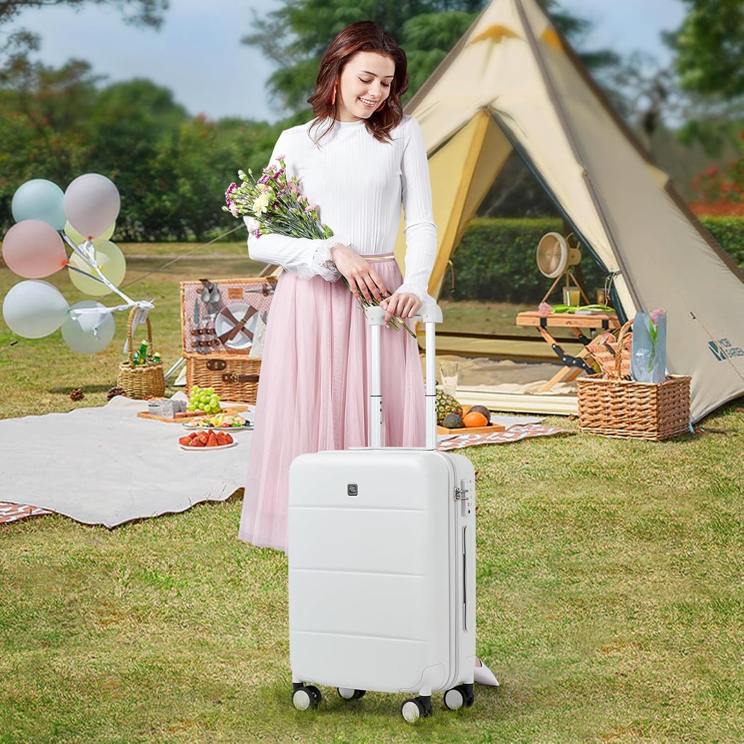 Hanke 24 Inch Checked Luggage with Spinner Wheels Hard Shell Suitcases Lightweight Travel TSA Luggage for Women Men Medium Suitcase(Smoke White)